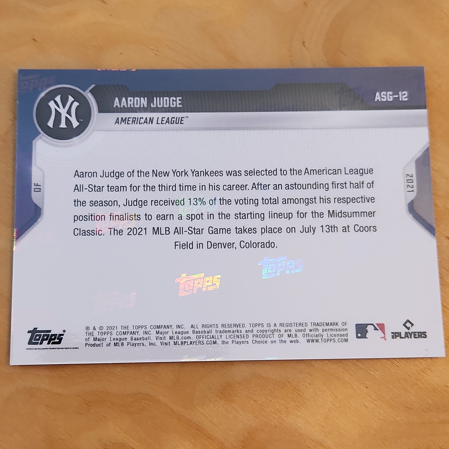 AARON JUDGE 2021 TOPPS NOW ALL-STAR GAME STARTER - AL CARD ASG-12 NY YANKEES