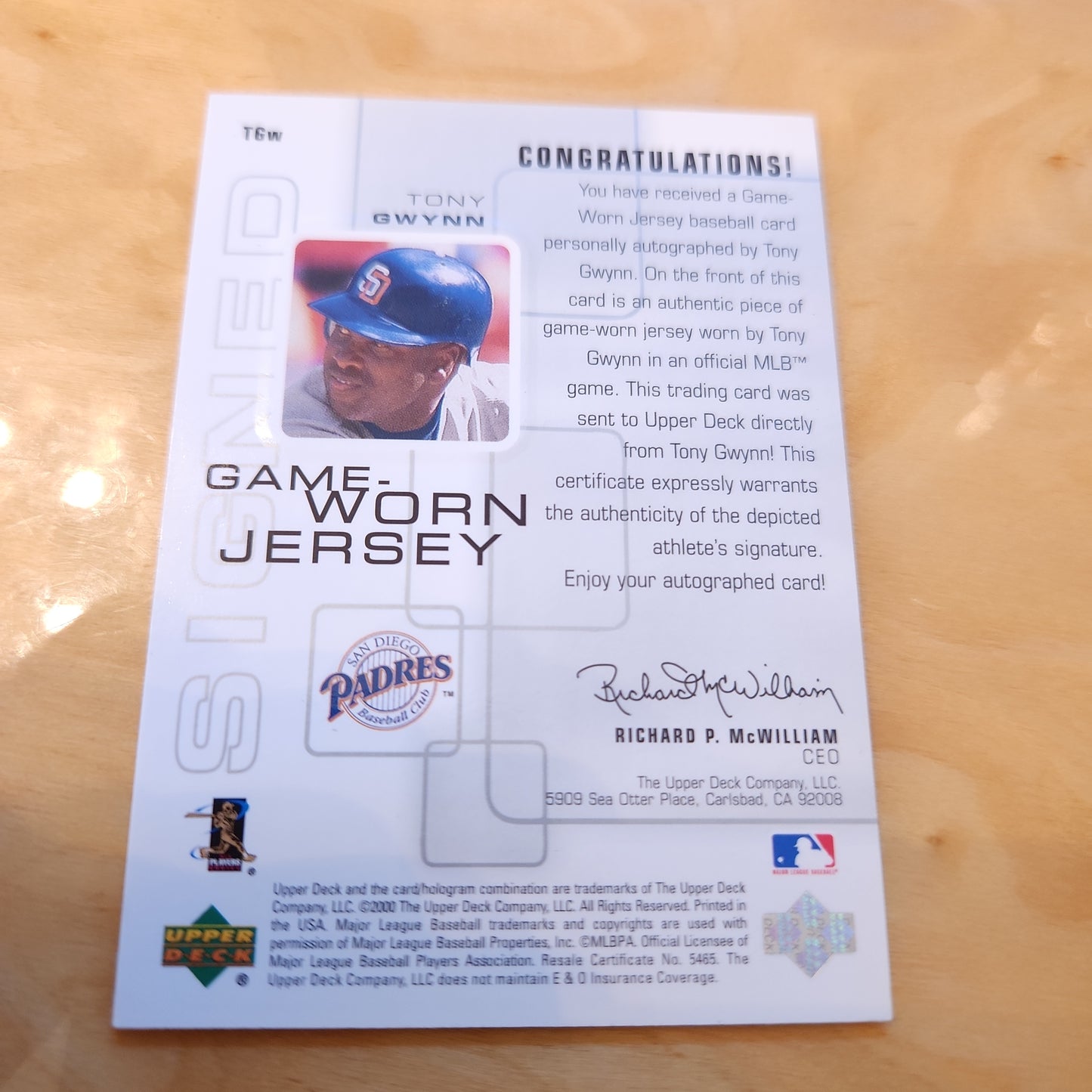 Upper Deck Althentic Pros & Prospects Tony Gwynn Jersey Patch Auto #TGW