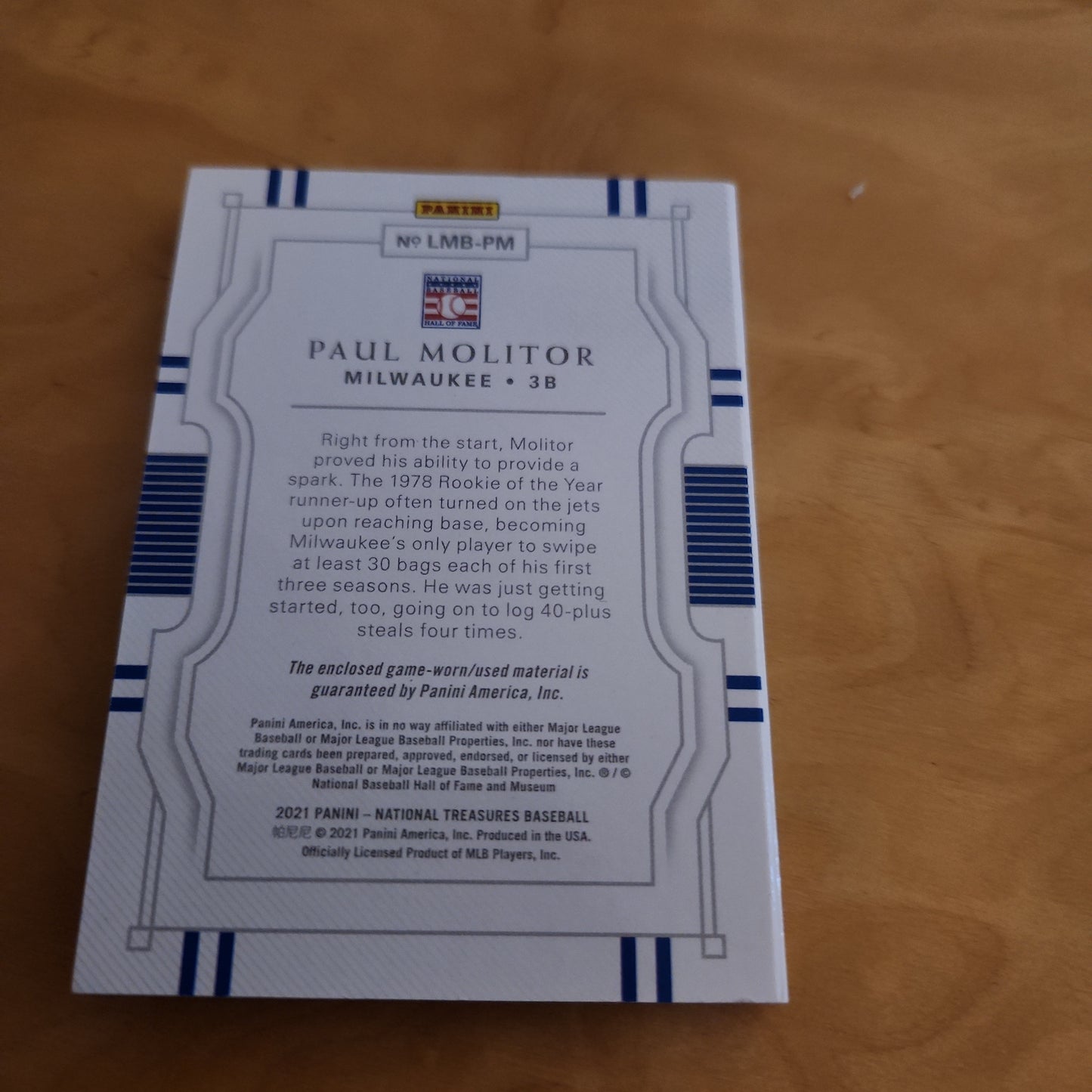 Panini National Treasures Booklet Paul Molitor Relic 22/49 #LMB-PM