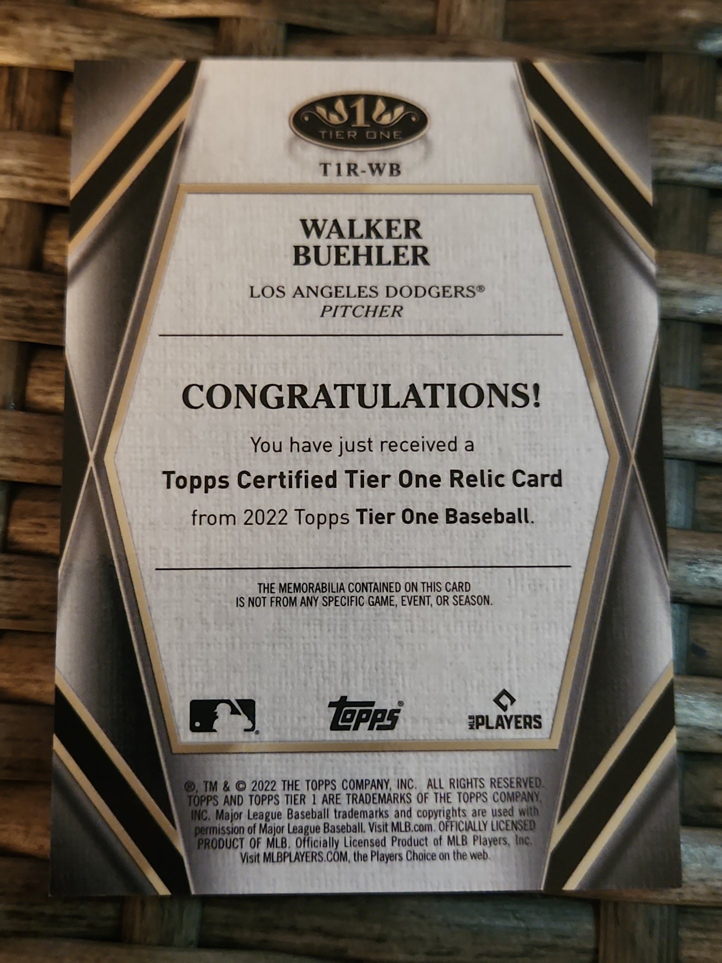 2022 TOPPS TIER ONE #T1R-WB WALKER BUEHLER GAME USED RELIC 186/249 - LA DODGERS