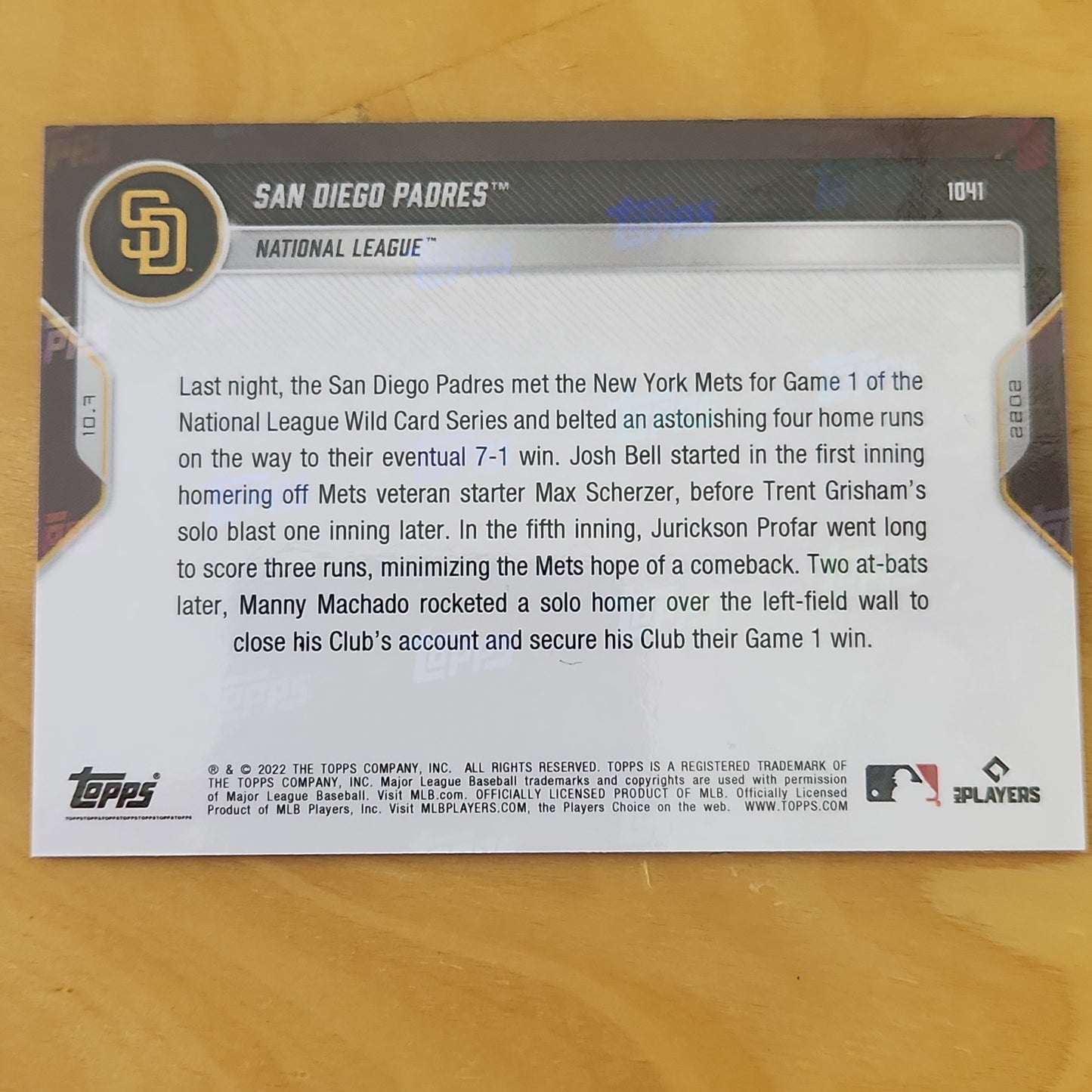 2022 Topps Now #1041 San Diego Padres Purple Parallel Card #d 13/25