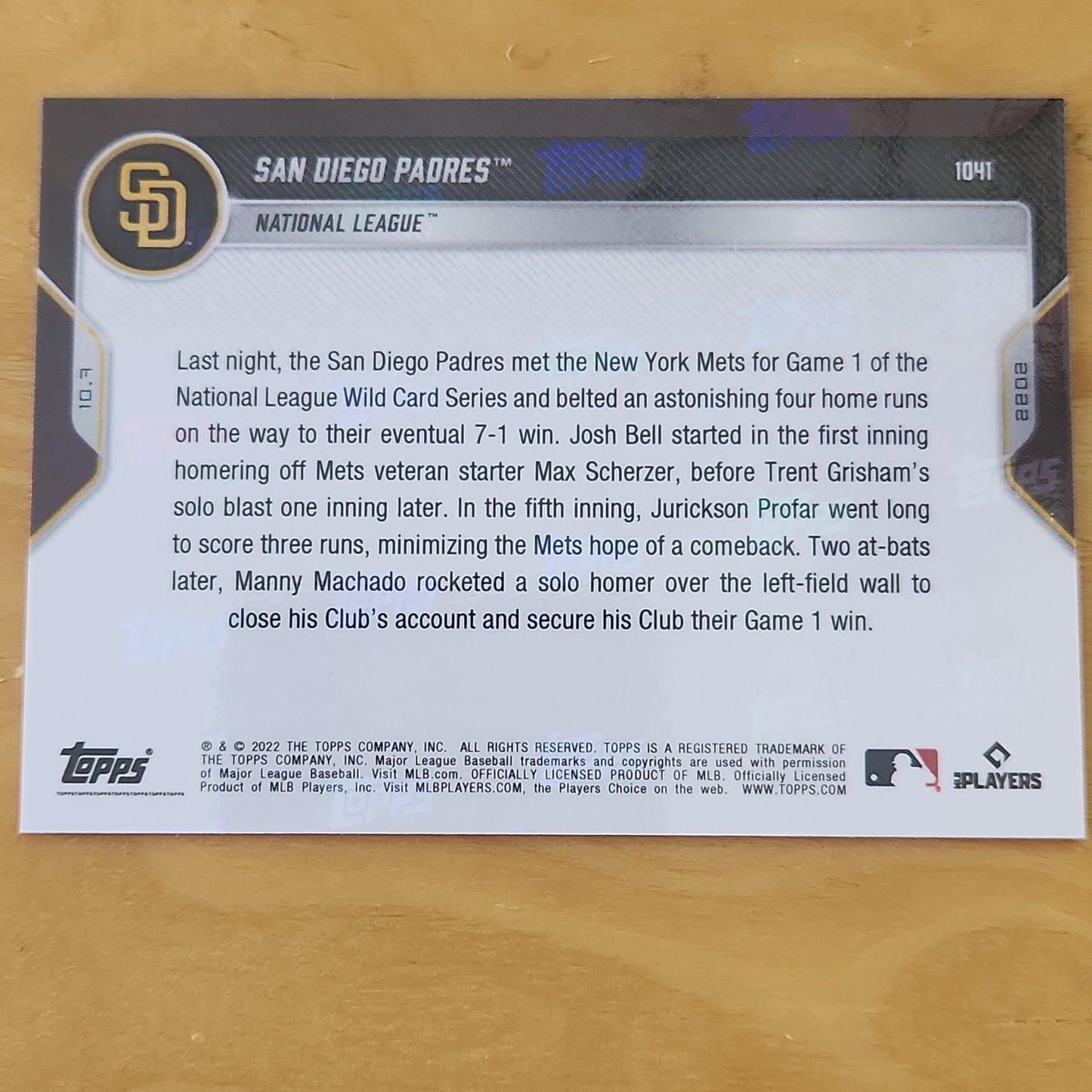 2022 Topps Now #1041 San Diego Padres Red Parallel Card #d 09/10