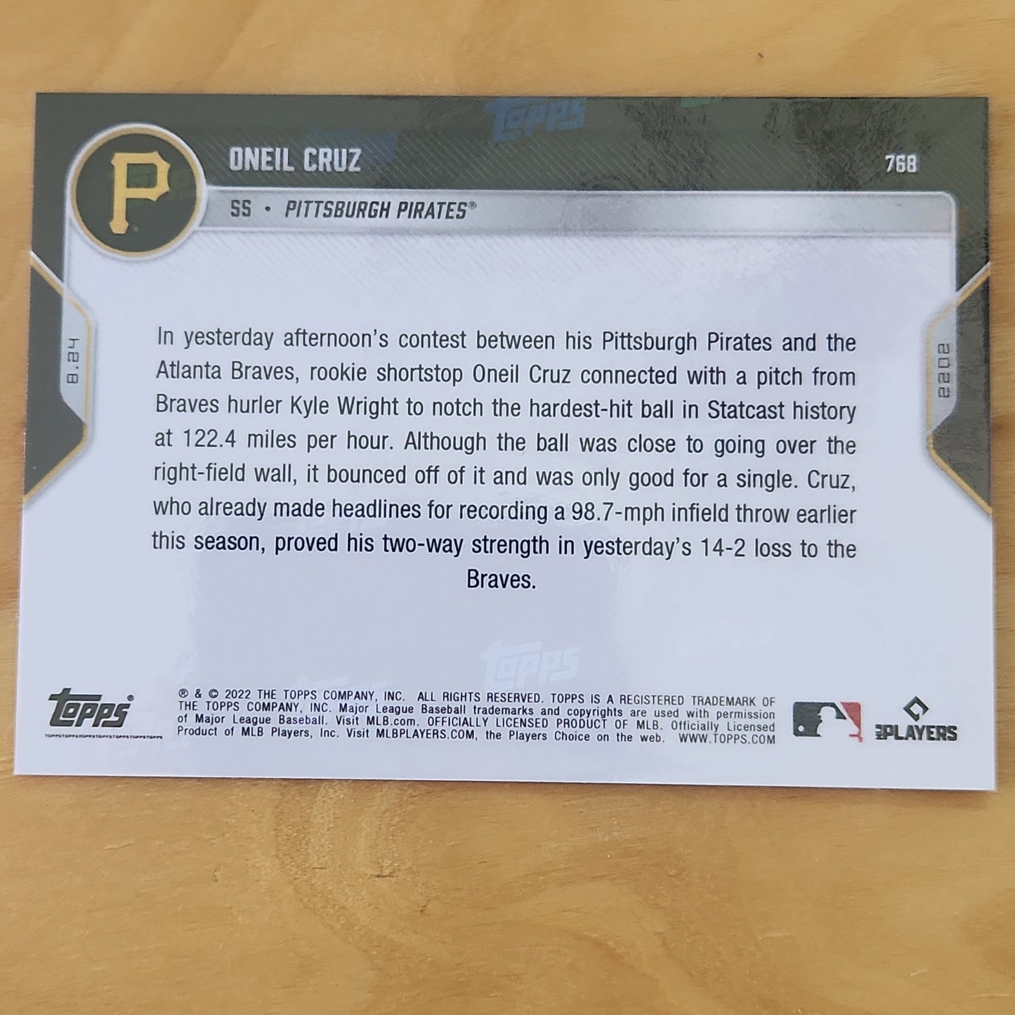 2022 MLB Topps Now Oneil Cruz Rookie PURPLE PARALLEL /25 SSP Pirates #768 RC