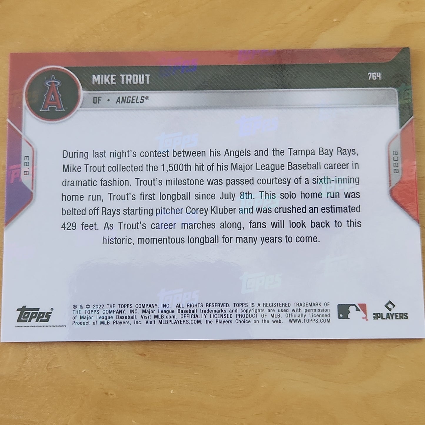 2022 TOPPS NOW PARALLEL #764 MIKE TROUT LOS ANGELES ANGELS 9/10