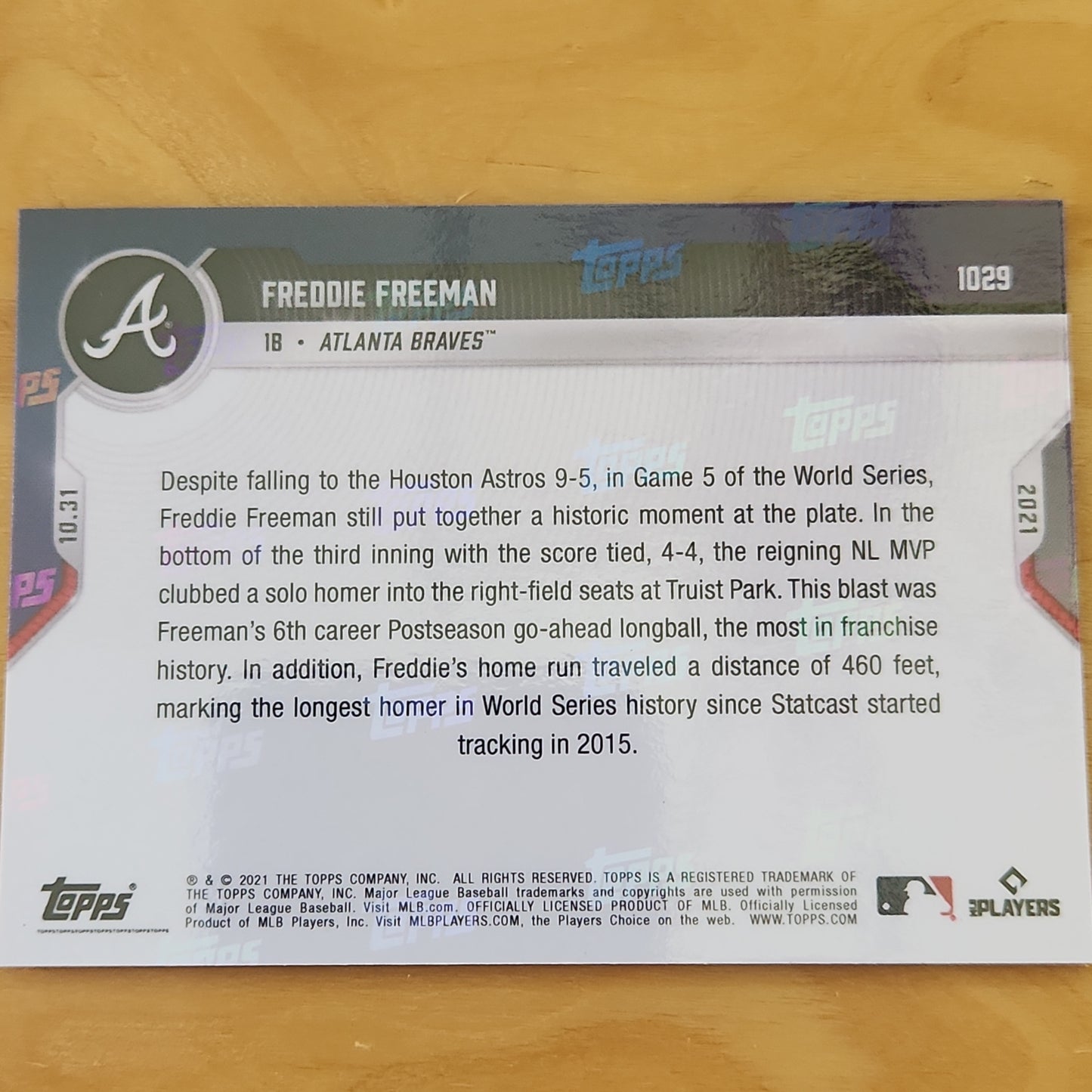 Freddie Freeman - 2021 MLB TOPPS NOW Card 1029 WS HR Purple Parallel 15/25