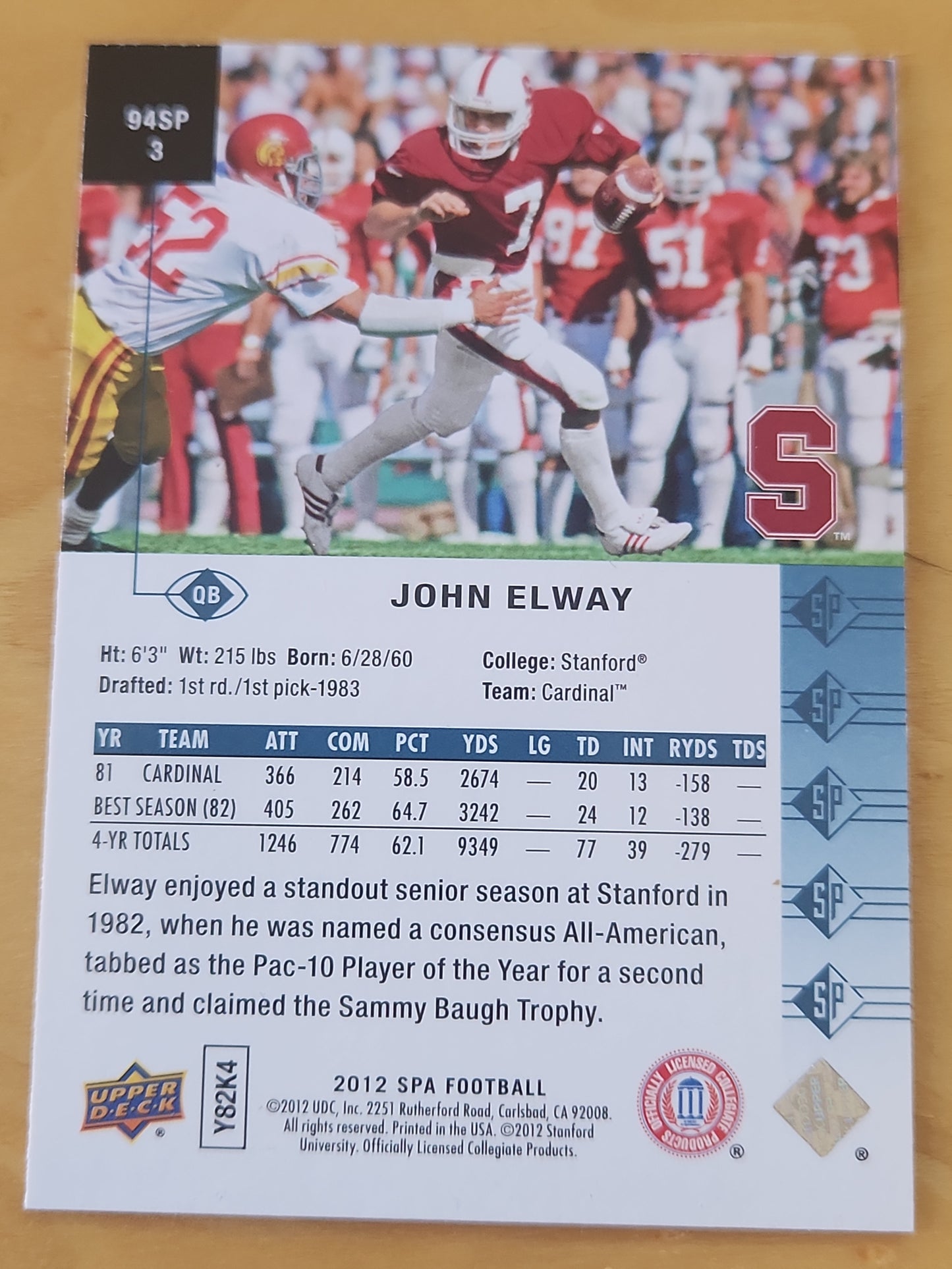 JOHN ELWAY 2012 SP AUTHNTIC 1994 #94SP3 STANFORD / BRONCOS MINT