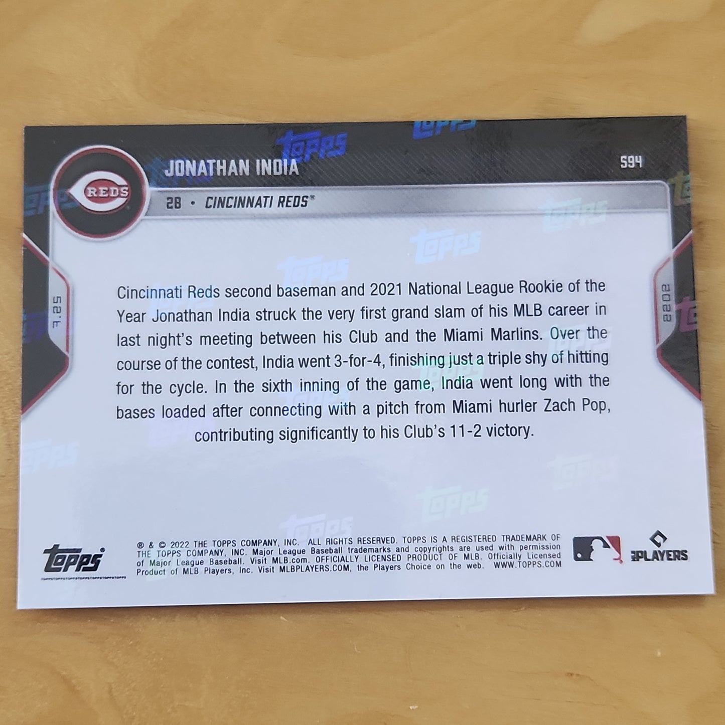 2022 TOPPS NOW REDS JONATHAN INDIA #594 BLUE PARALLEL 28/49 1st Grand Slam!