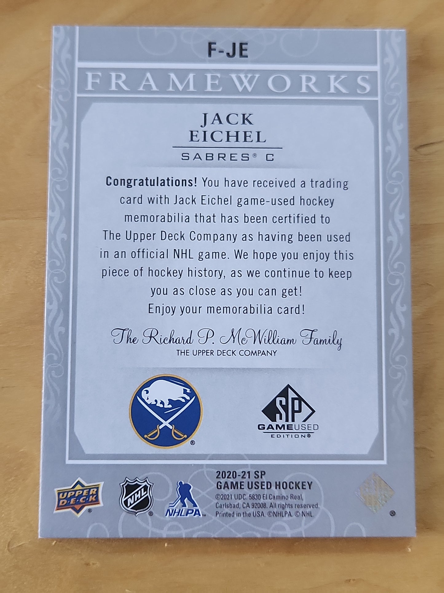 2020-21 Upper Deck SP Game Used Frameworks Jack Eichel #F-JE