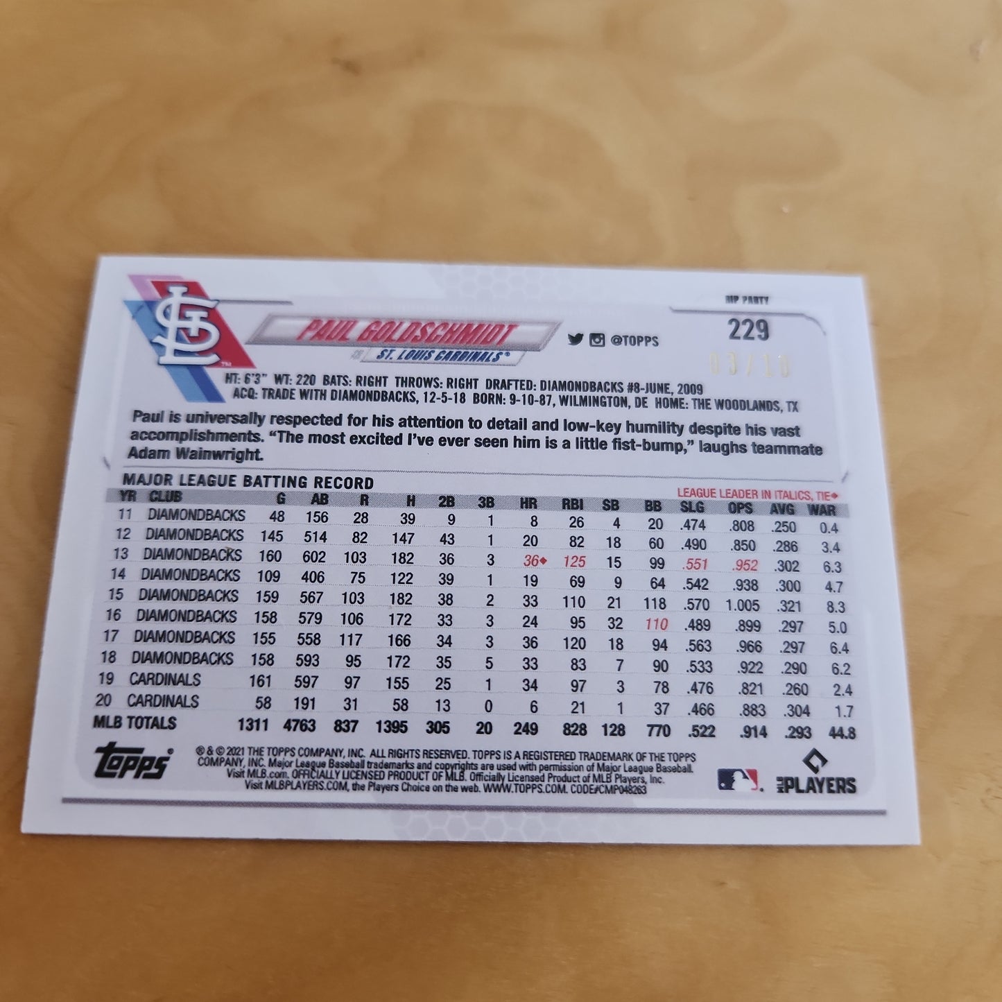 Topps 70th Anniversary 2021 Series 1 RIP Party Paul Goldschmidt 03/10 #229