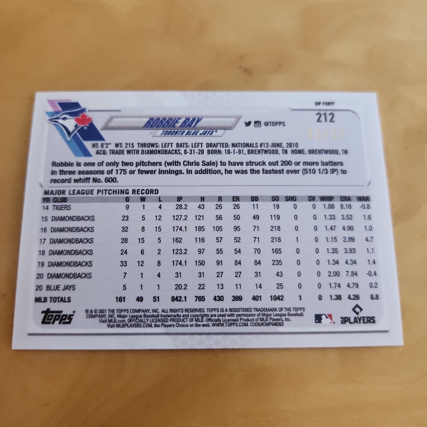 Topps 70th Anniversary 2021 Series 1 RIP Party Robbie Ray 05/10 #212