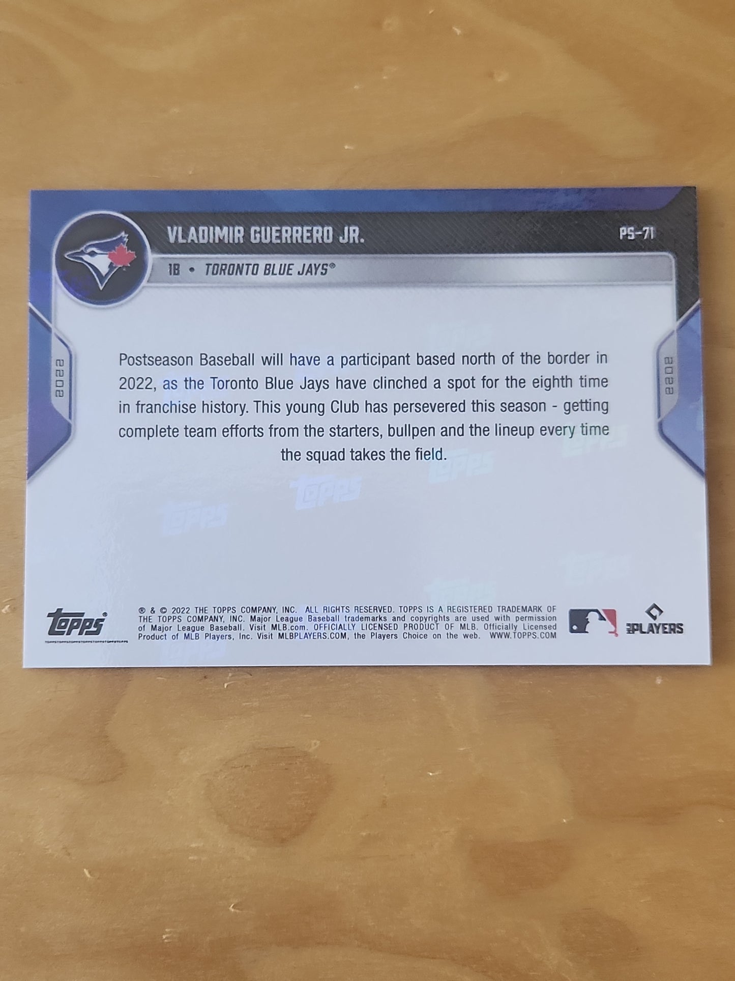 2022 TOPPS NOW PotSeason Vladimir Guerrero Jr. PURPLE PARALLEL CARD 06/25 Toranto Blue Jays #PS-71