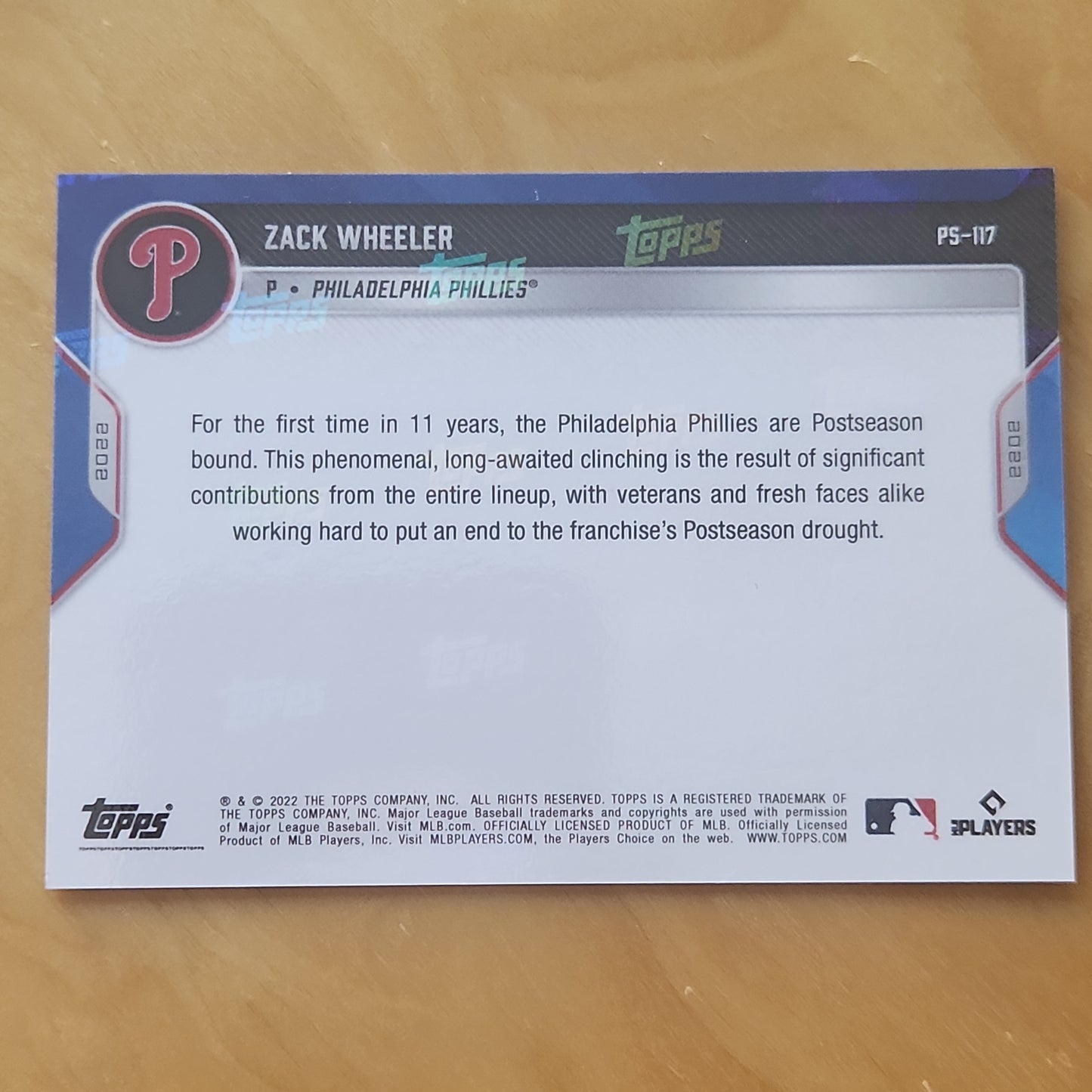 2022 TOPPS NOW PotSeason Zack Wheeler PURPLE PARALLEL CARD 08/25 Philadelphia Pillies#PS-117
