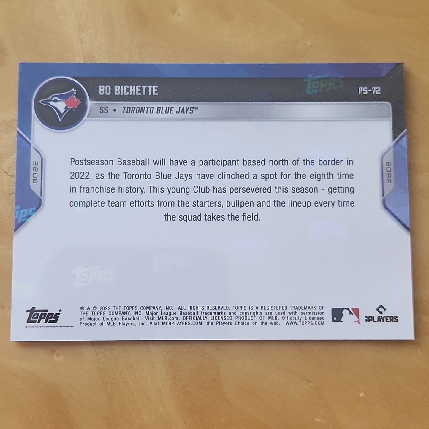 2022 TOPPS NOW PotSeoson Bo bichette Blue PARALLEL CARD 40/49 Toranto Blue Jays #PS-72