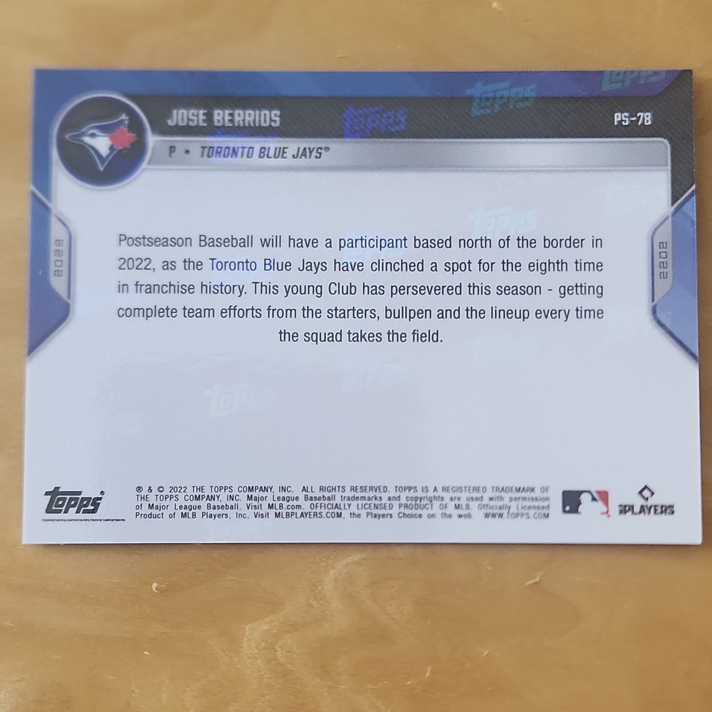 2022 TOPPS NOW PotSeoson Jose Berrios Blue PARALLEL CARD 31/49 Toranto Blue Jays #PS-78