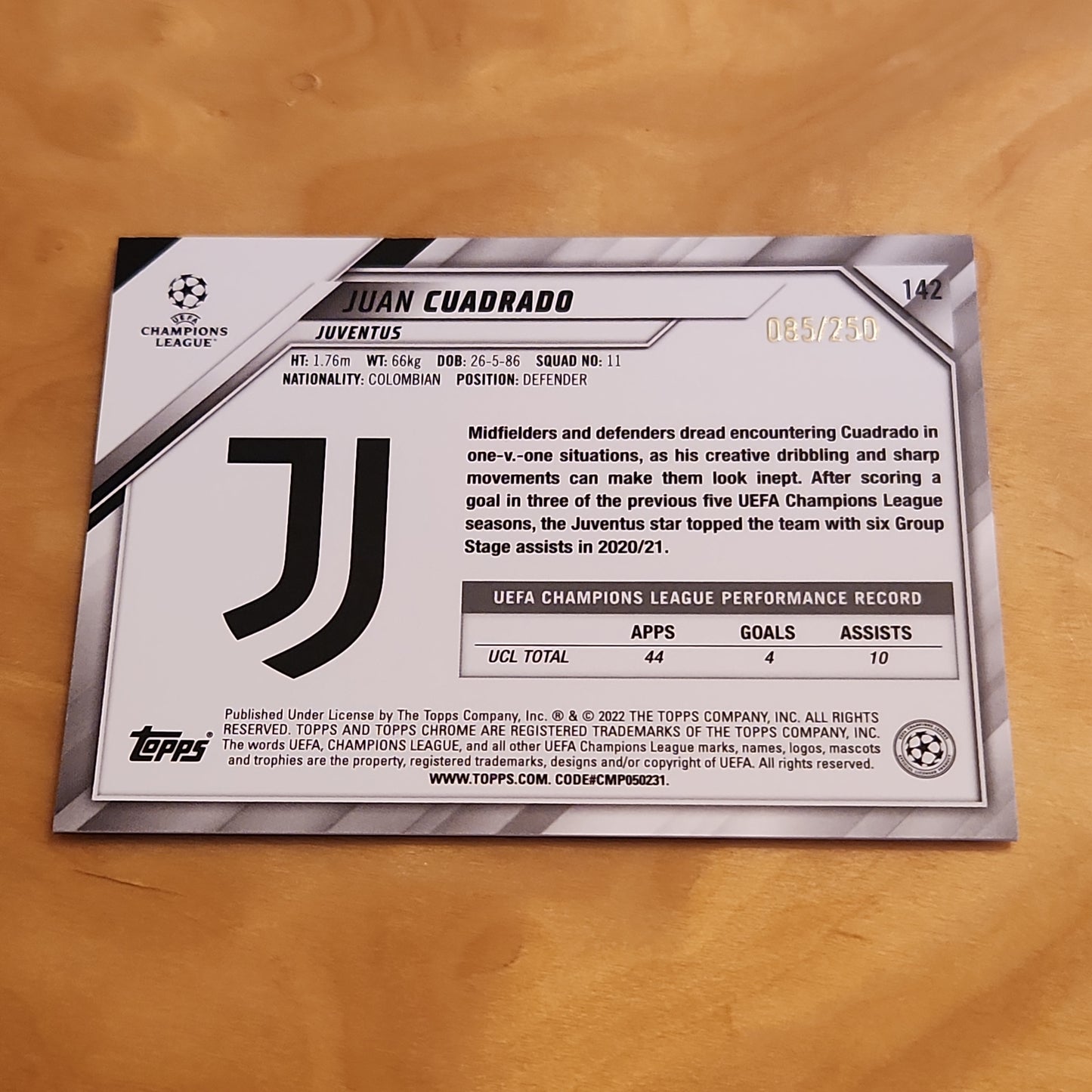 Topps Chrome Champions League Purple Juan Cuadrado 085/250 #142