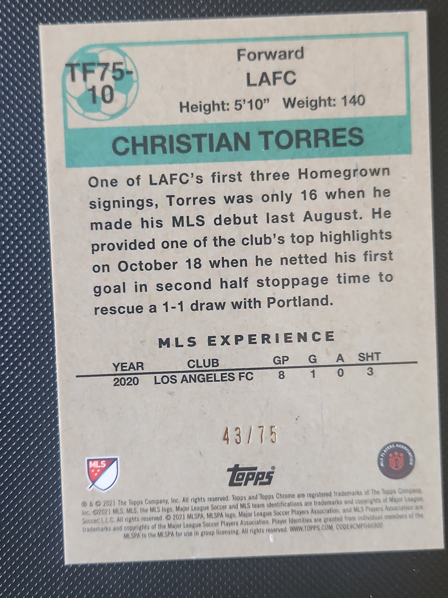 Christian Torres 2021 Topps Chrome MLS 43/75 Green Rookie RC 1975/76 Footballers