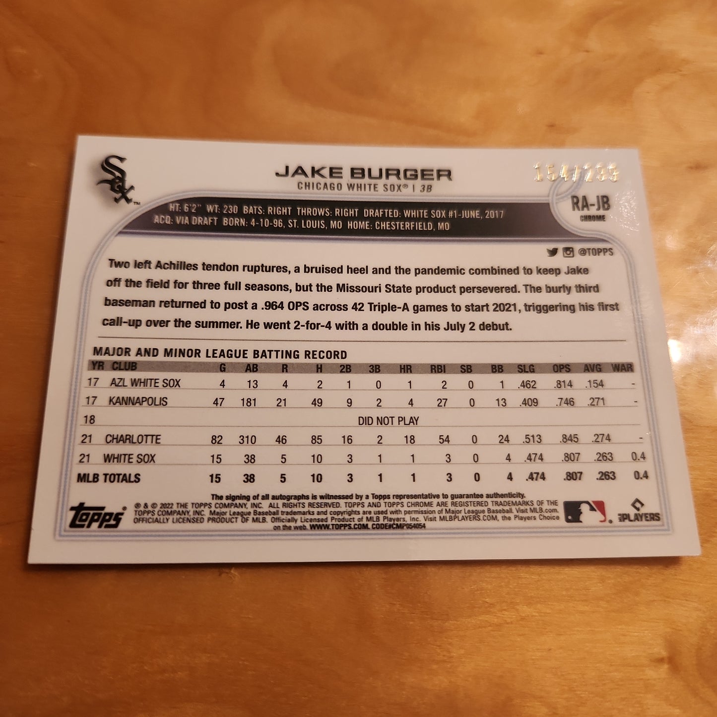 Topps Chrome Purple Disco Jake Burger RC Auto 154/299 #RA-JB