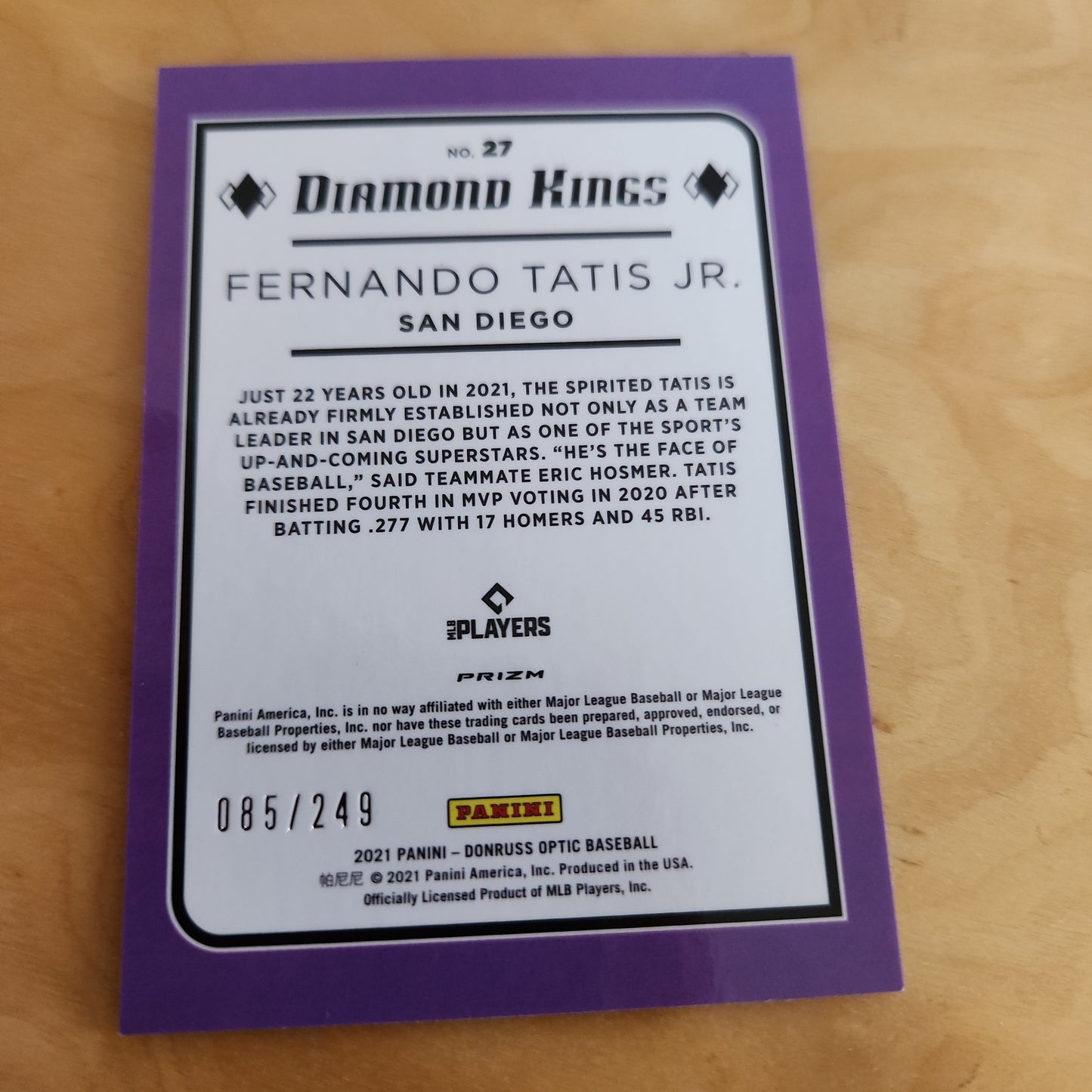 Panini Optic Prizm Diamond Kings Baseball Lazer Fernando Tatis Jr. 085/249 #27