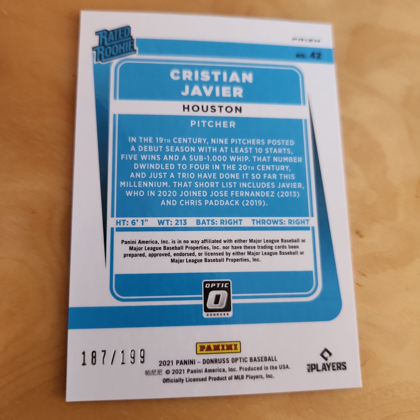 Panini Optic Prizm Baseball Rated Rookie Red, White & Blue Cristian Javier 187/199 #42