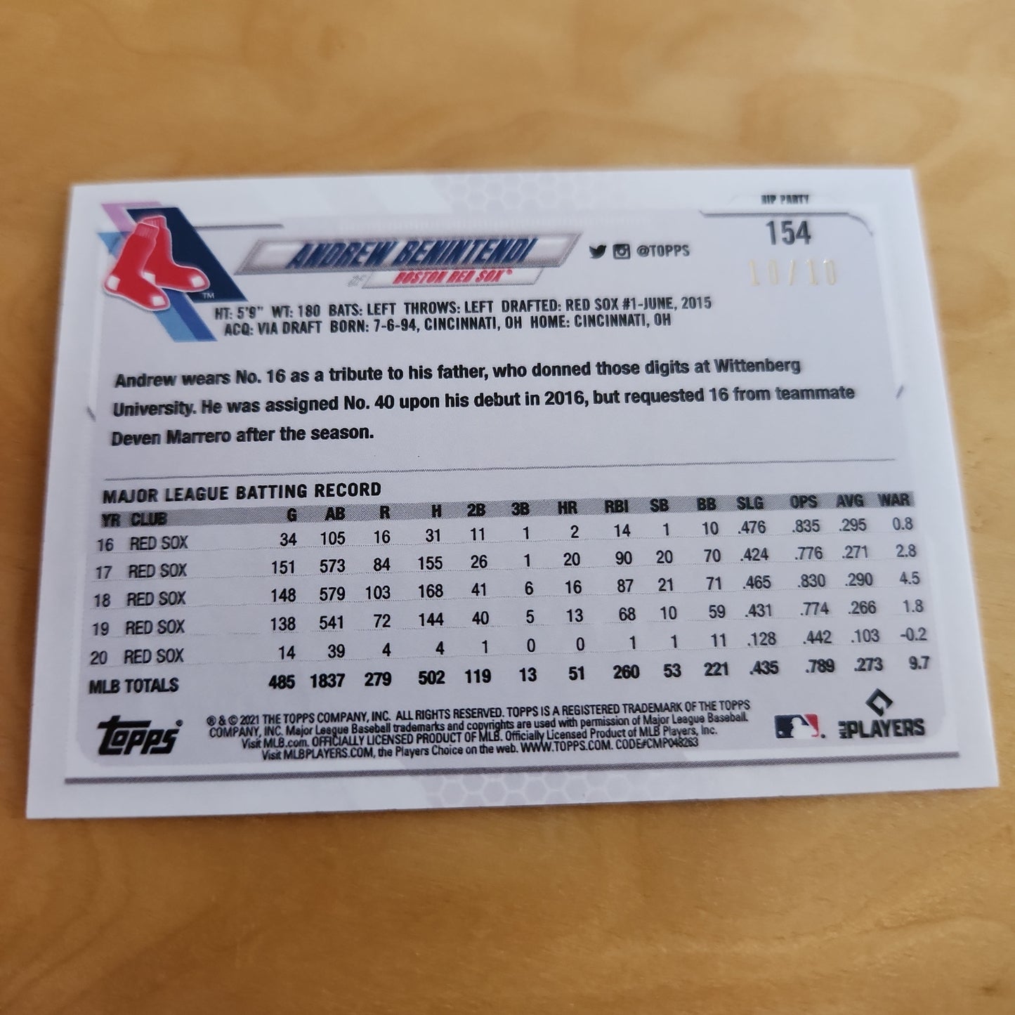 Topps Baseball RIP Party 70th Anniversary Andrew Benintendi 10/10 #154