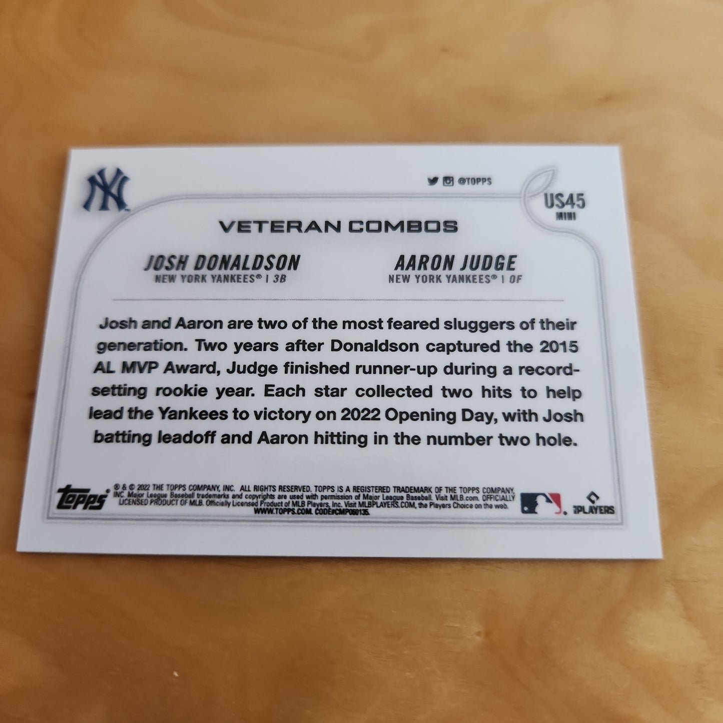 Topps Baseball Mini Black Veteran Combos Josh Donaldson & Aaron Judge #US45
