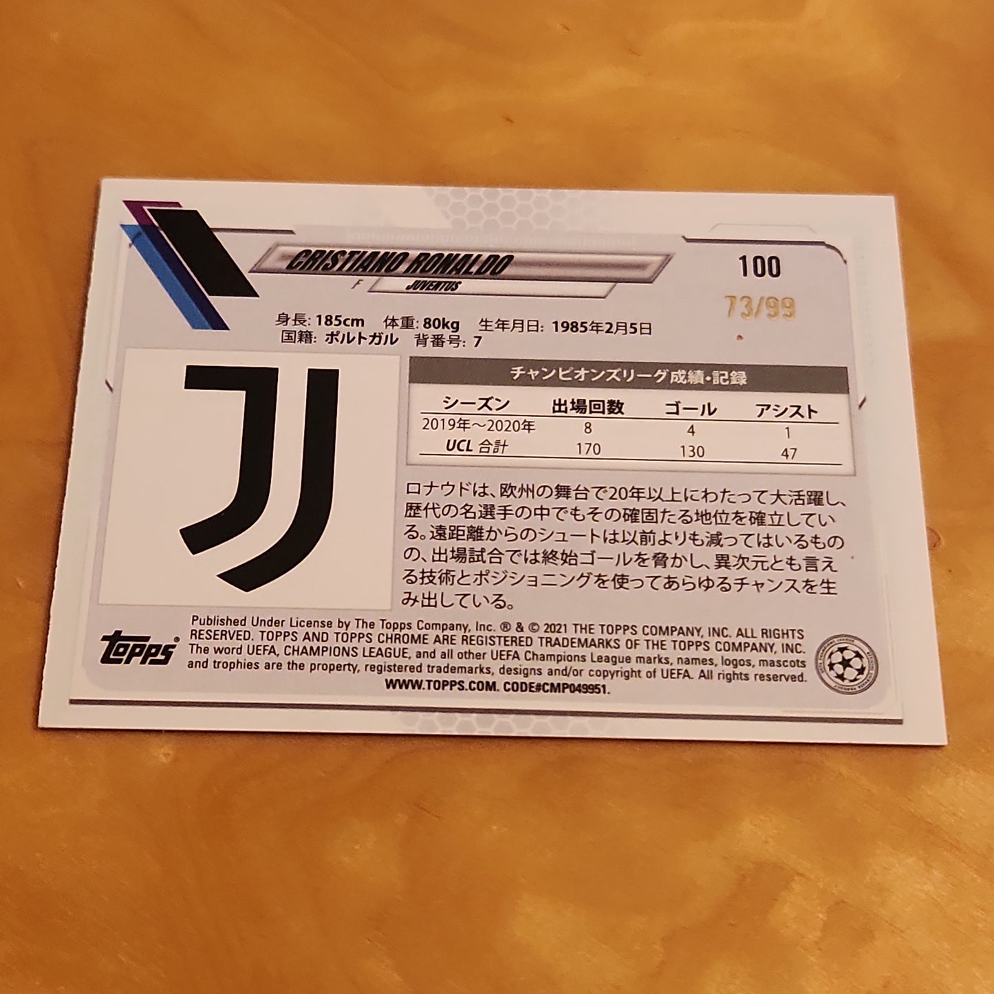 Topps Chrome Champion League Green Refractor Cristiano Ronaldo 73/99 #100