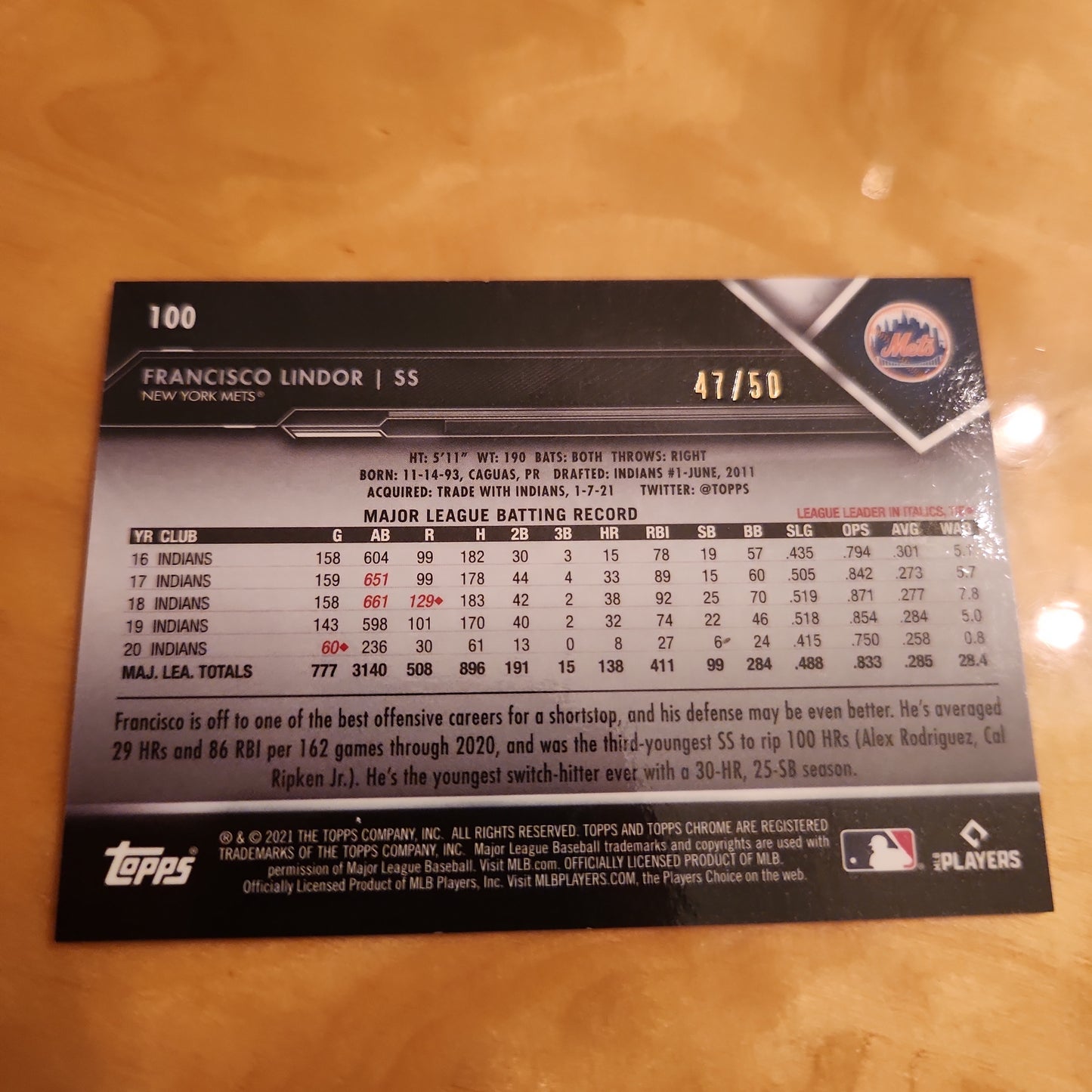 Topps Chrome Black Gold Baseball Francisco Lindor 47/50 #100