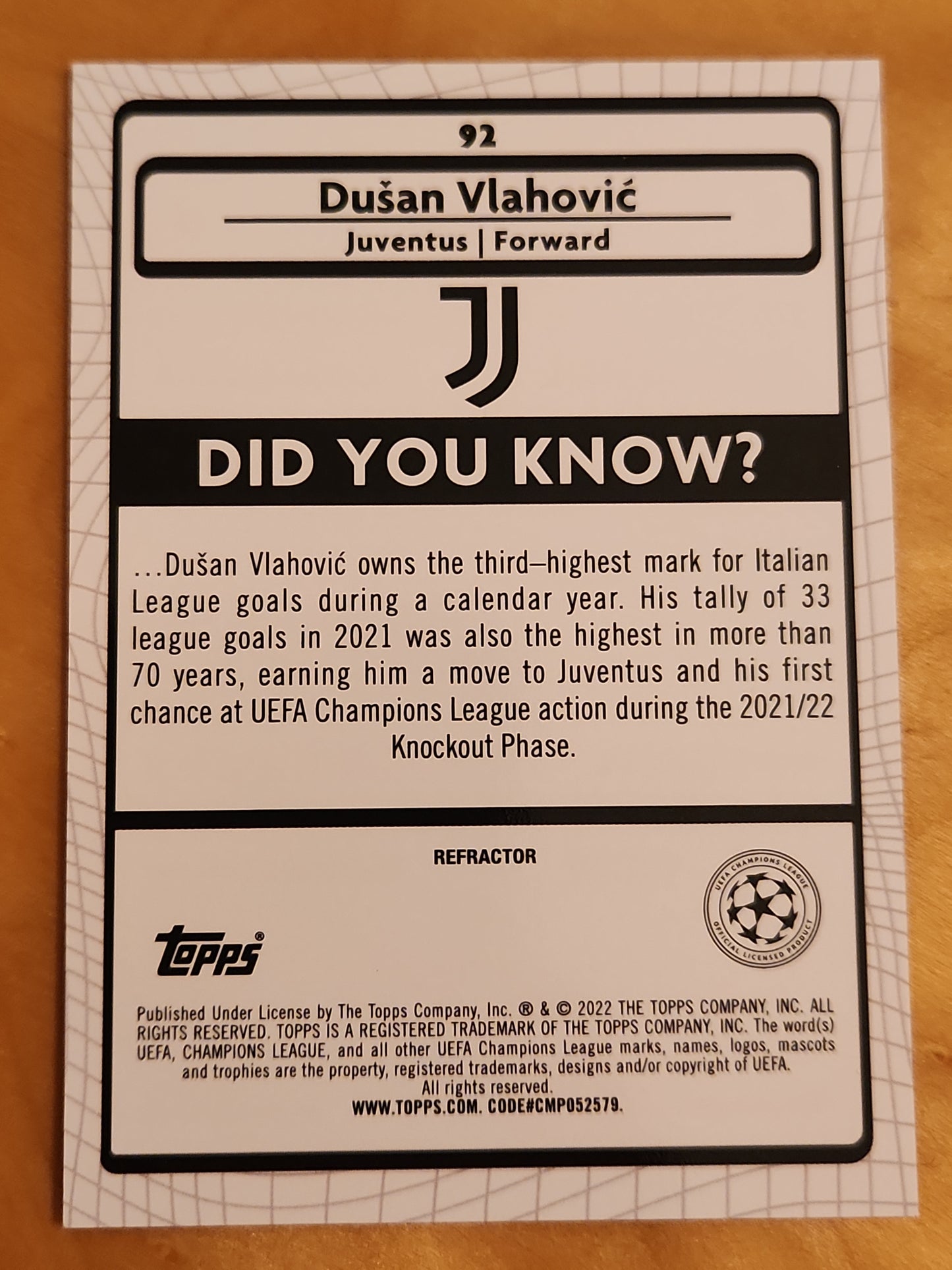 Dusan Vlahovic 2021-22 Topps Merlin Chrome UCL  REFRACTOR #92 JUVENTUS