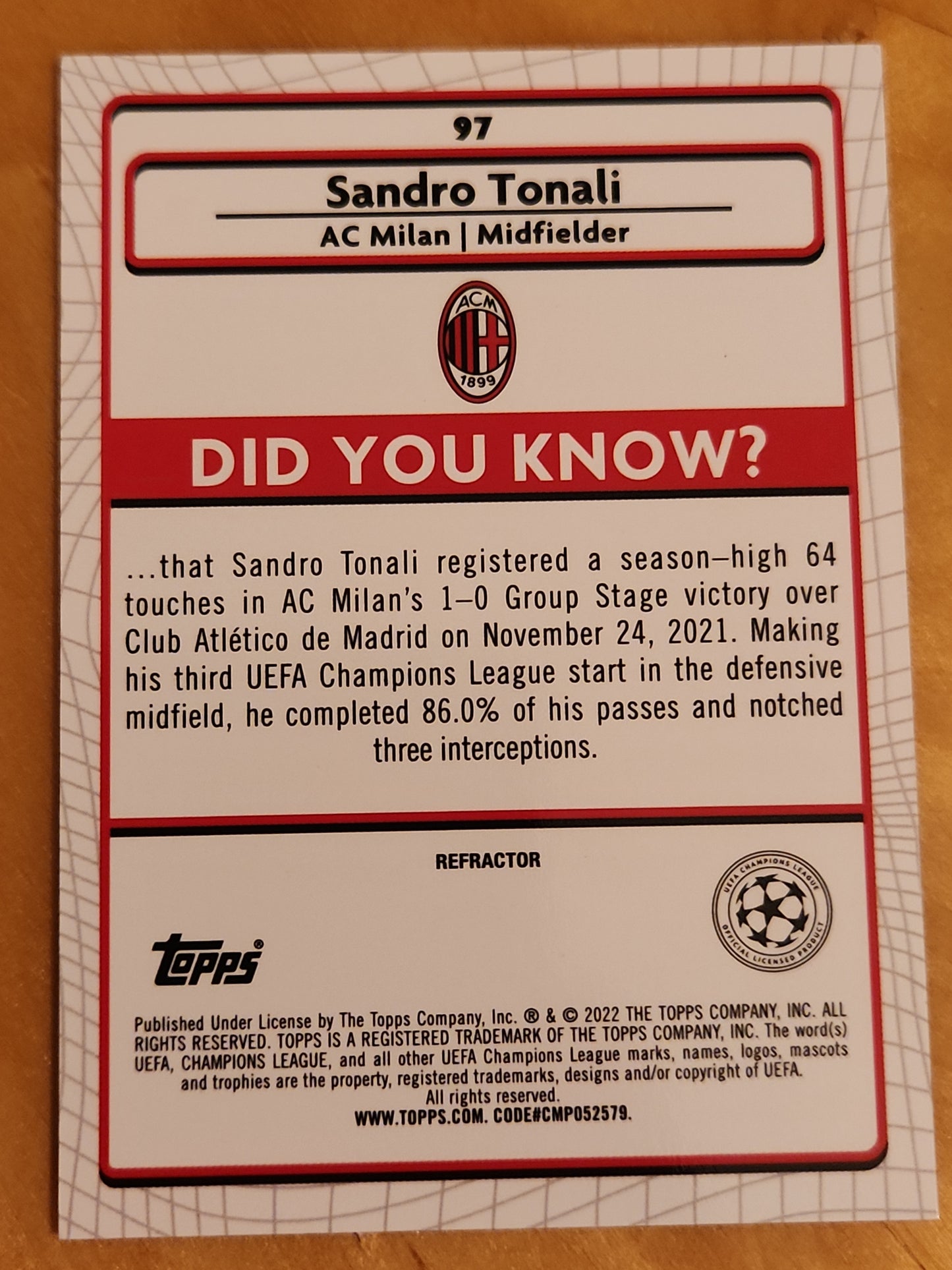 Sandro Tonali 2021-22 Topps Merlin Chrome UEFA Refractor Card #97