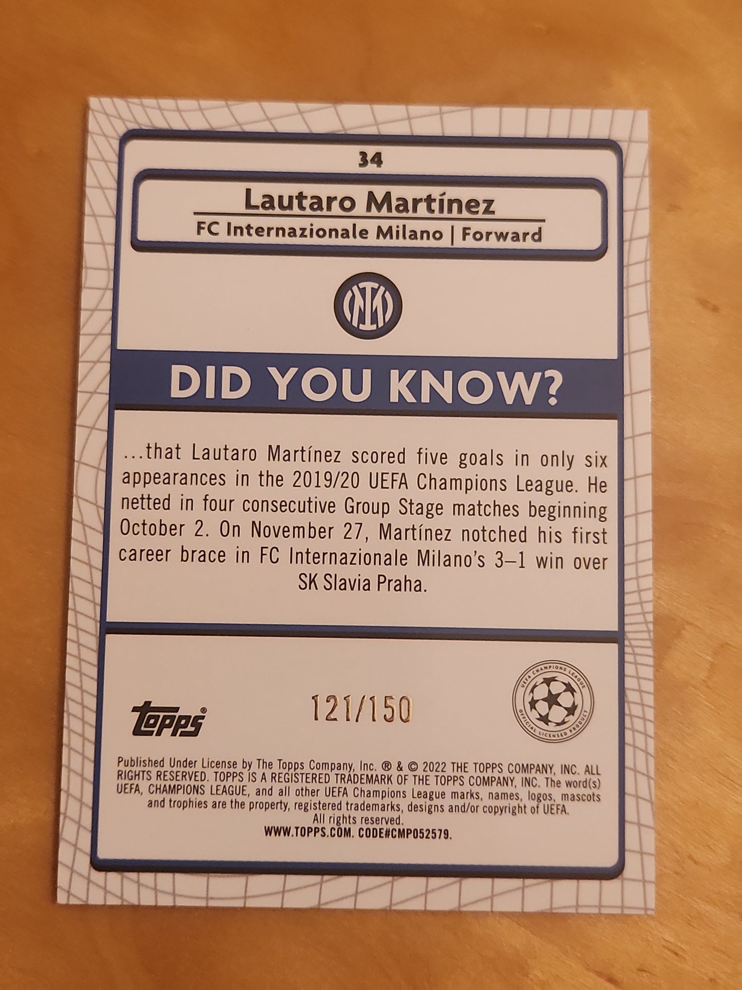 2021-22 Merlin Chrome UEFA Refractor #34 Lautaro Martinez - FC Inter Milan Disco Refractor 121/150