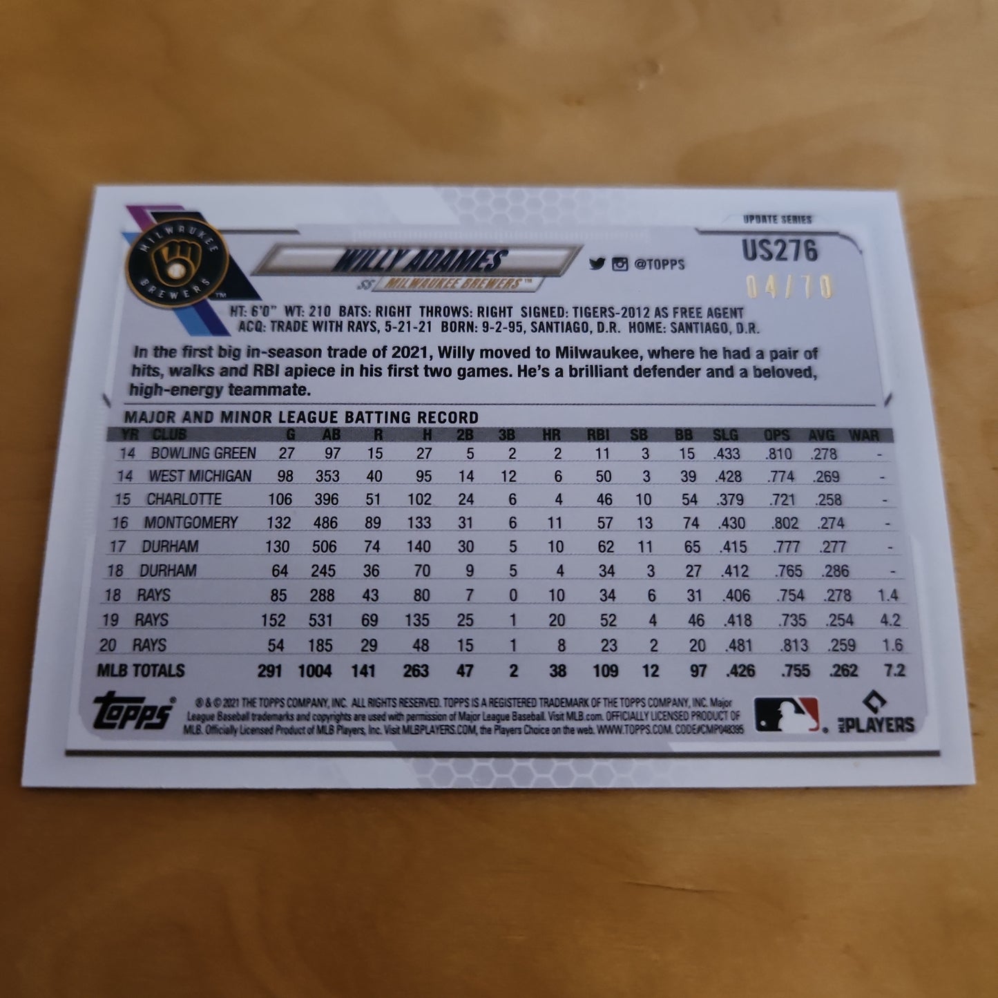 Topps 70th Anniversary Updated Series Black Willey Adams 4/70 #US276