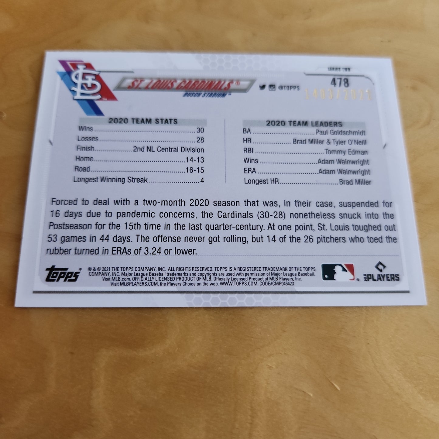 Topps 70 Anniversary Brown Series Two St. Louis Cardinals 1403/2021 #478