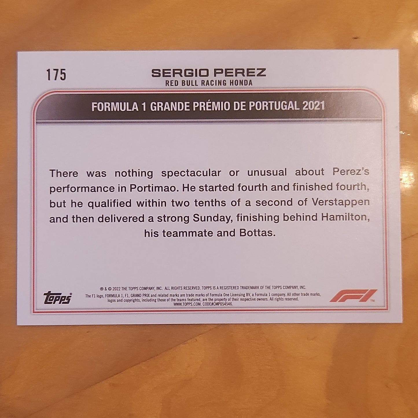 2022 Topps F1 Racing Grand Prix Driver of the day Portugal 2021 Sergio Perez #175 Checker Board