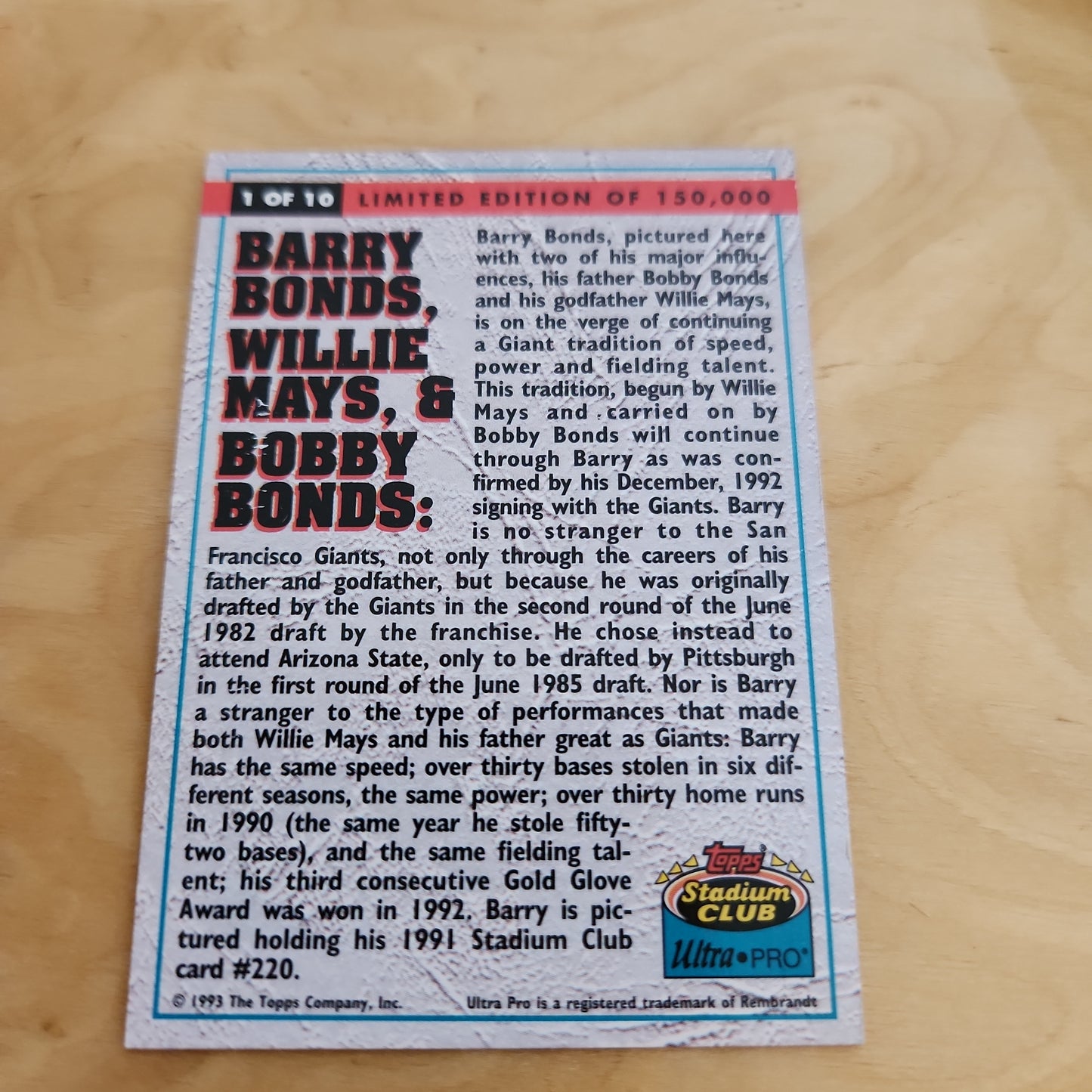 Topps Ultra Stadium Club Barry Bonds, Willie Mays & Bobby Bonds 1/10