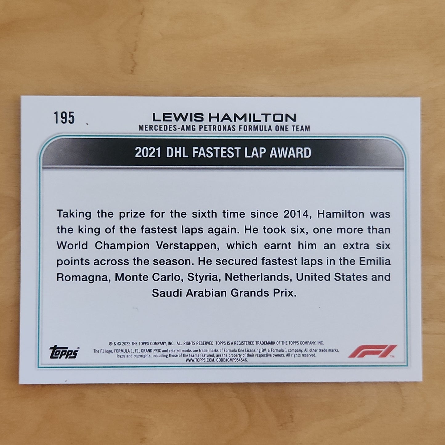 2022 Topps F1 Formula One Award Winners Lewis Hamilton #195 Checker Flag