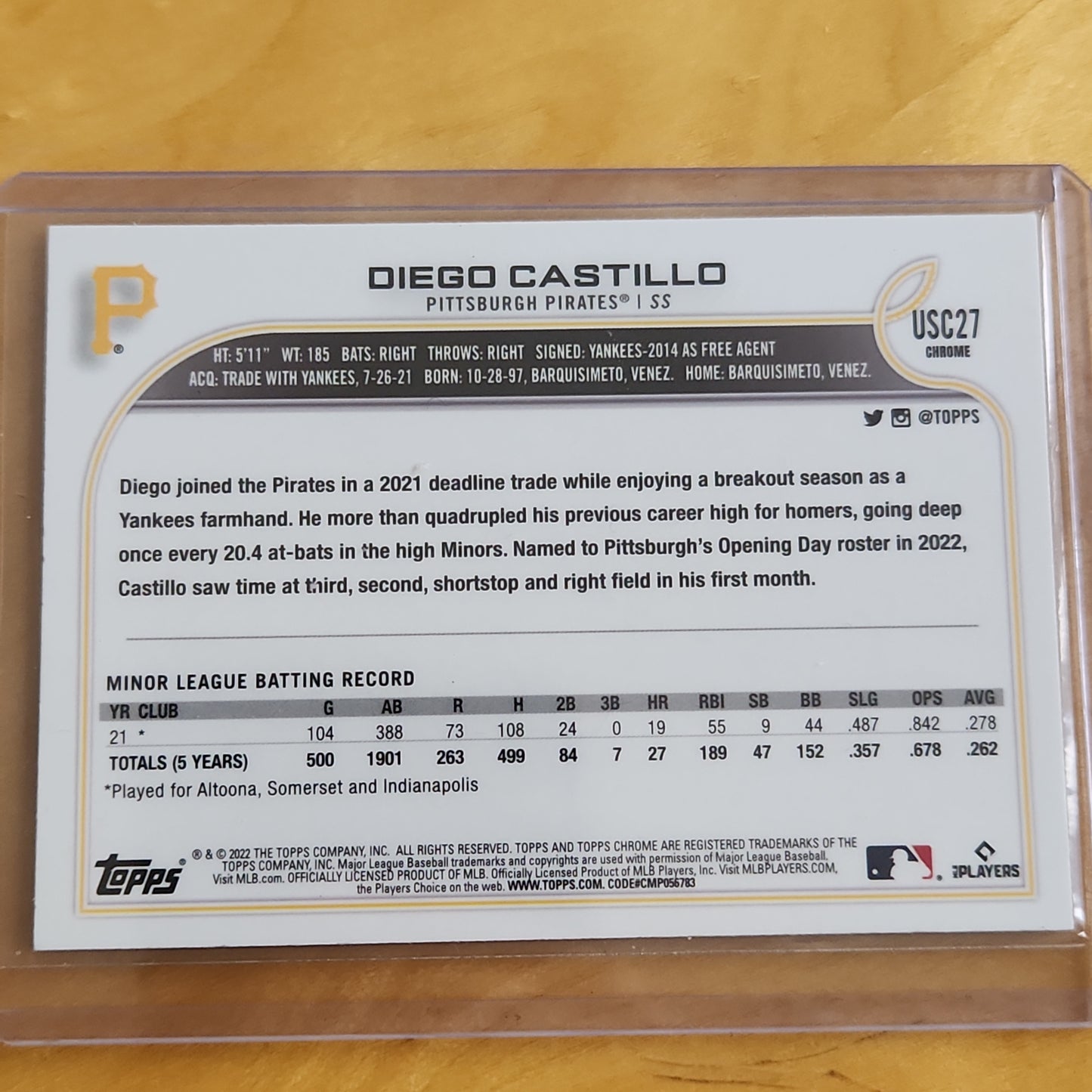 2022 Topps Chrome Diego Castillo Purple Refractor #USC27 Pittsburgh Pirates.