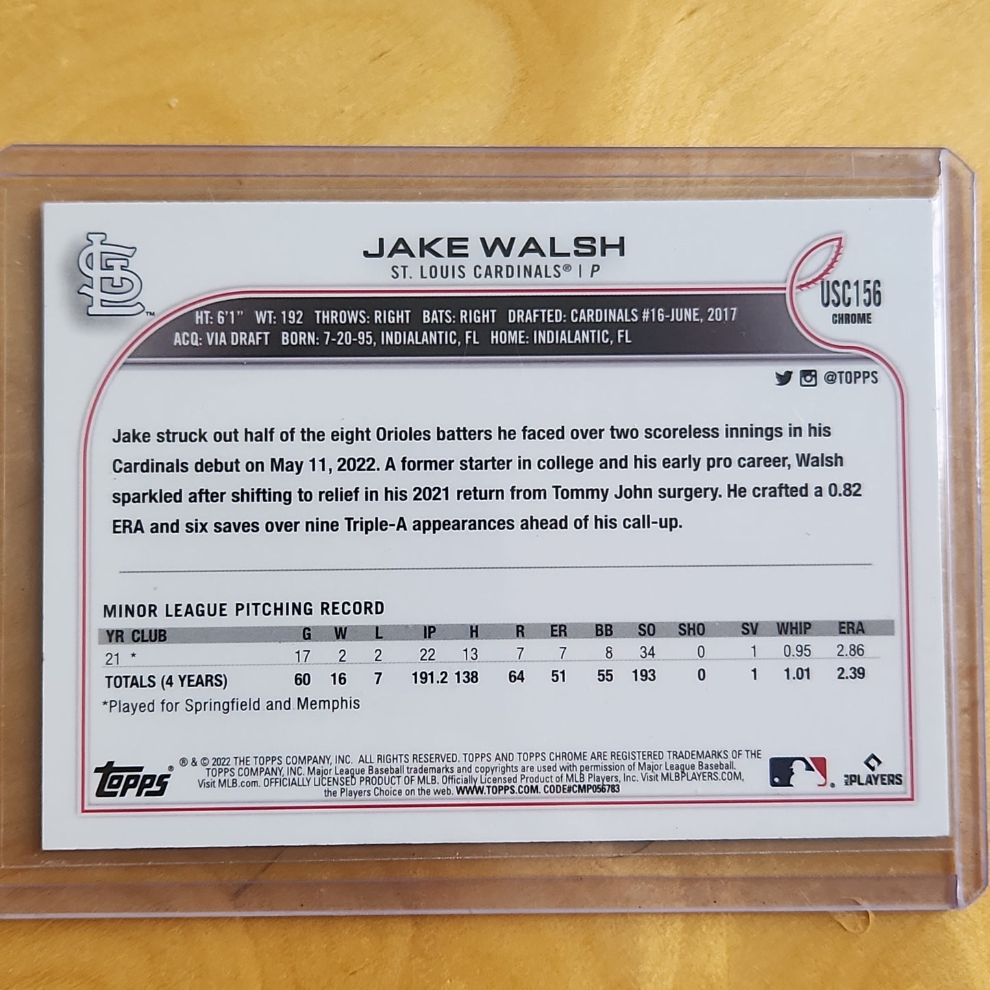 2022 Topps Chrome Jake Walsh RC Purple Refractor #USC156 St. Louis Cardinals
