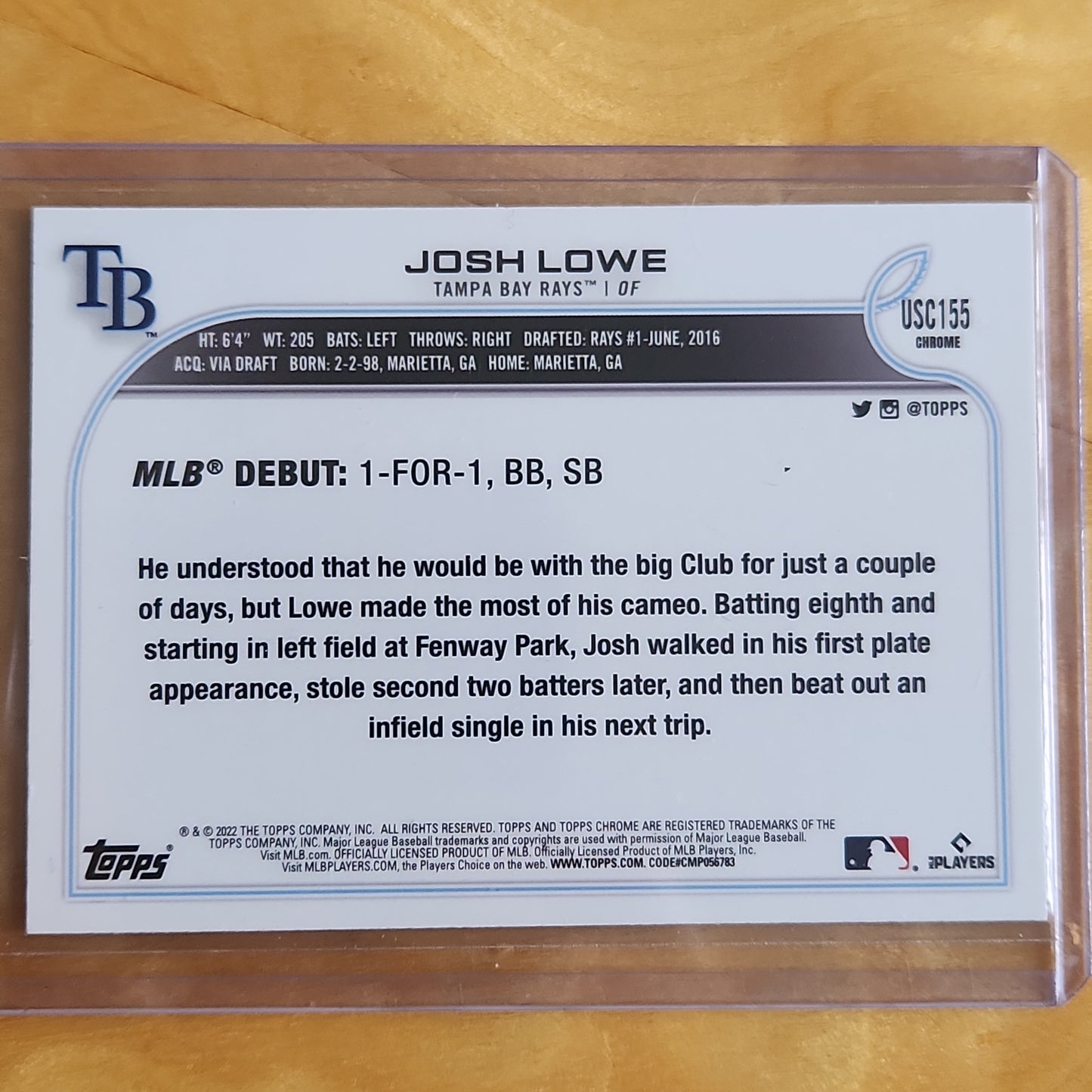 2022 Topps Chrome Josh Lowe RC Purple Refractor #USC155 Tampa Bay Rays