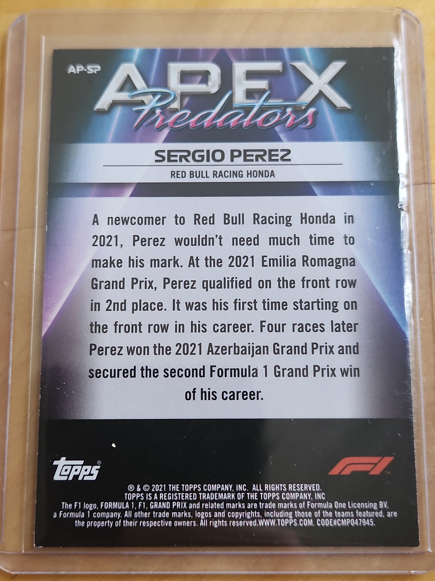 2021 Topps F1 Sergio Perez Apex Predators Insert #AP-SP Red Bull Racing