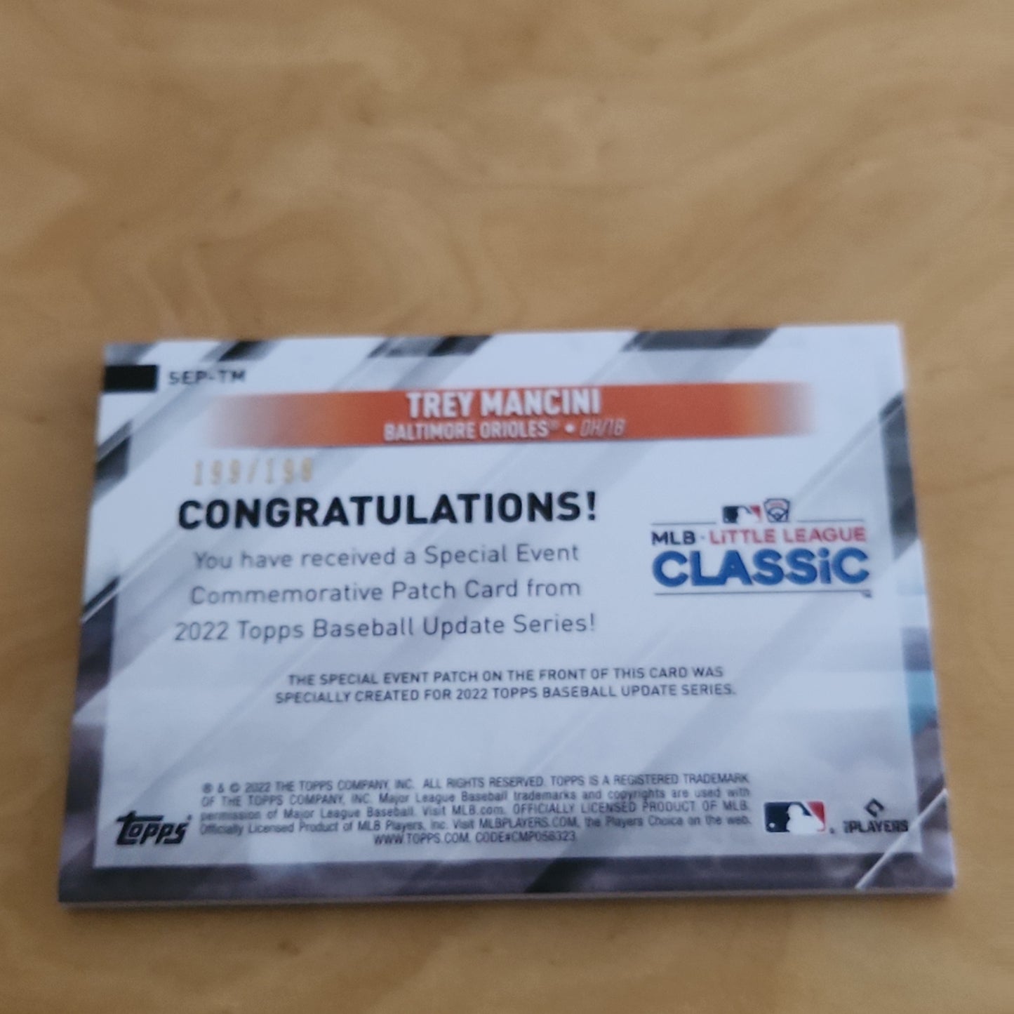 Topps Little League Classic 2022 Trey Mancini Relic 199/199 #SEP-TM