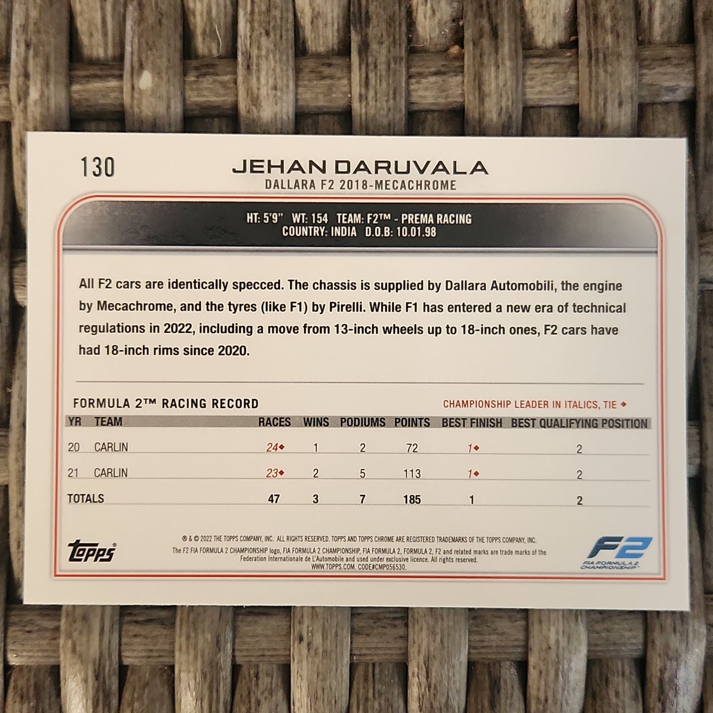 2022 Topps Chrome F1 Saphire Jehan Daruvala Formula 2 #130 Prema Racing