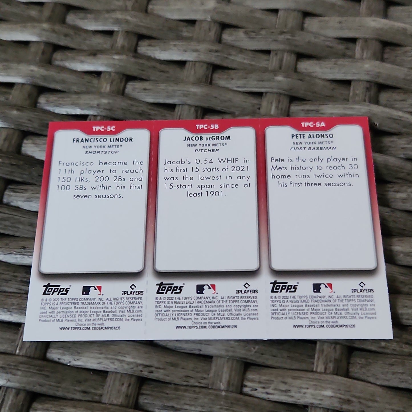 Topps Francisco Lindor #TPC-5C Jacob DeGrome TPC-5B Pete Alonso #TPC-5A