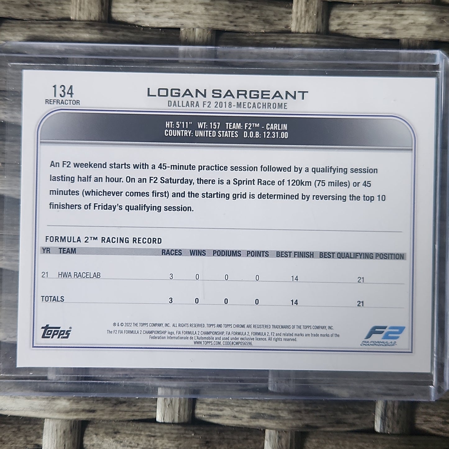 2022 Topps Chrome F1 Logan Sargeant F2 Refractor #Dallara F2 2018-Mecachrome