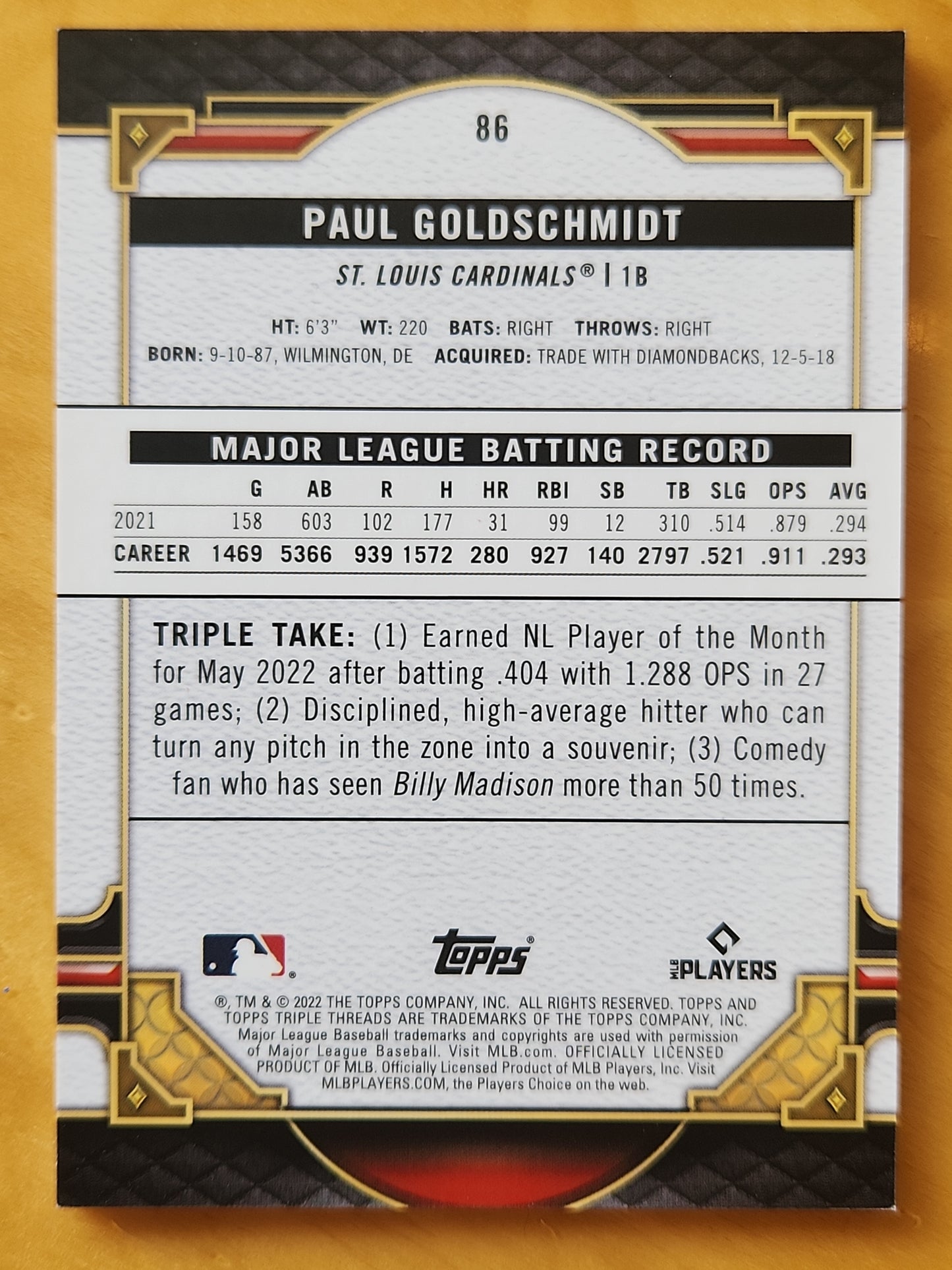 2022 Topps Triple Threads Paul Goldschmidt #86 St. Louis Cardnials