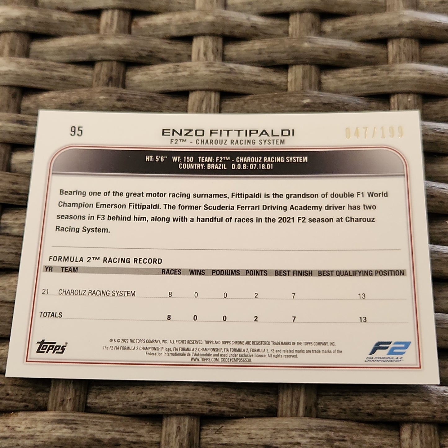 Topps Chrome Green Saphire Future Star Enzo Fittipaldi 047/199 #95