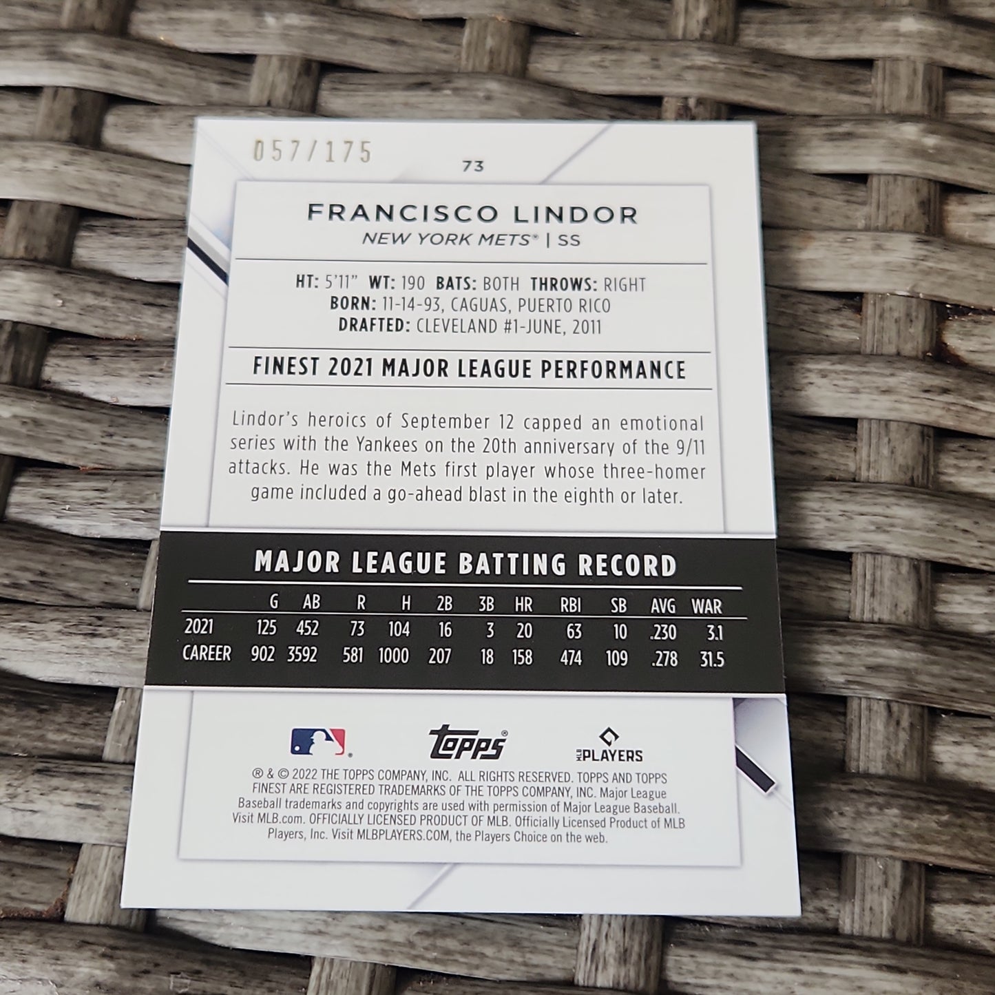Topps Finest Aqua Shimmer Refractor Francisco Lindor 057/175 #73
