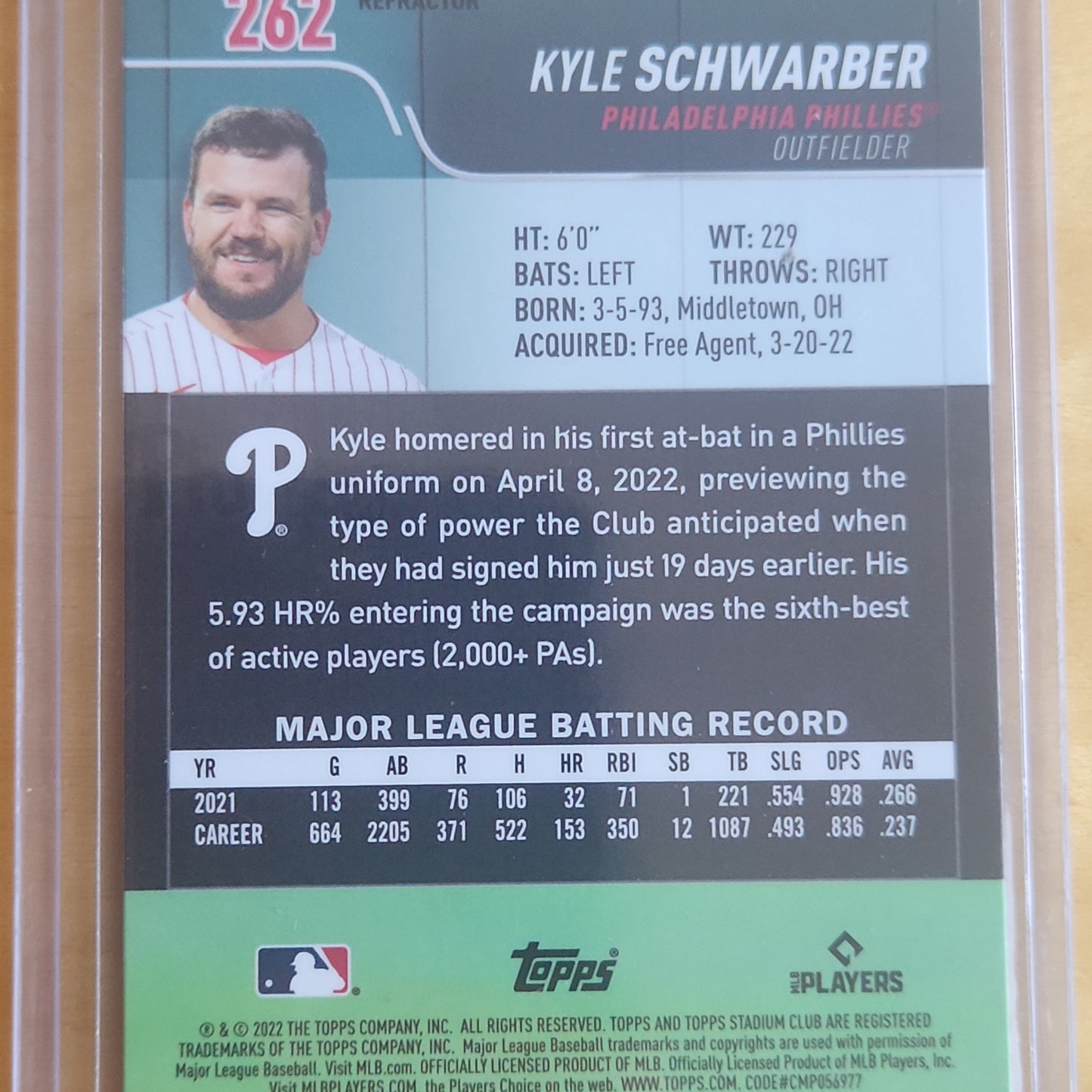 2022 Topps Stadium Club Chrome Kyle Schwarber Refractor #262 Philadelphia Phillies