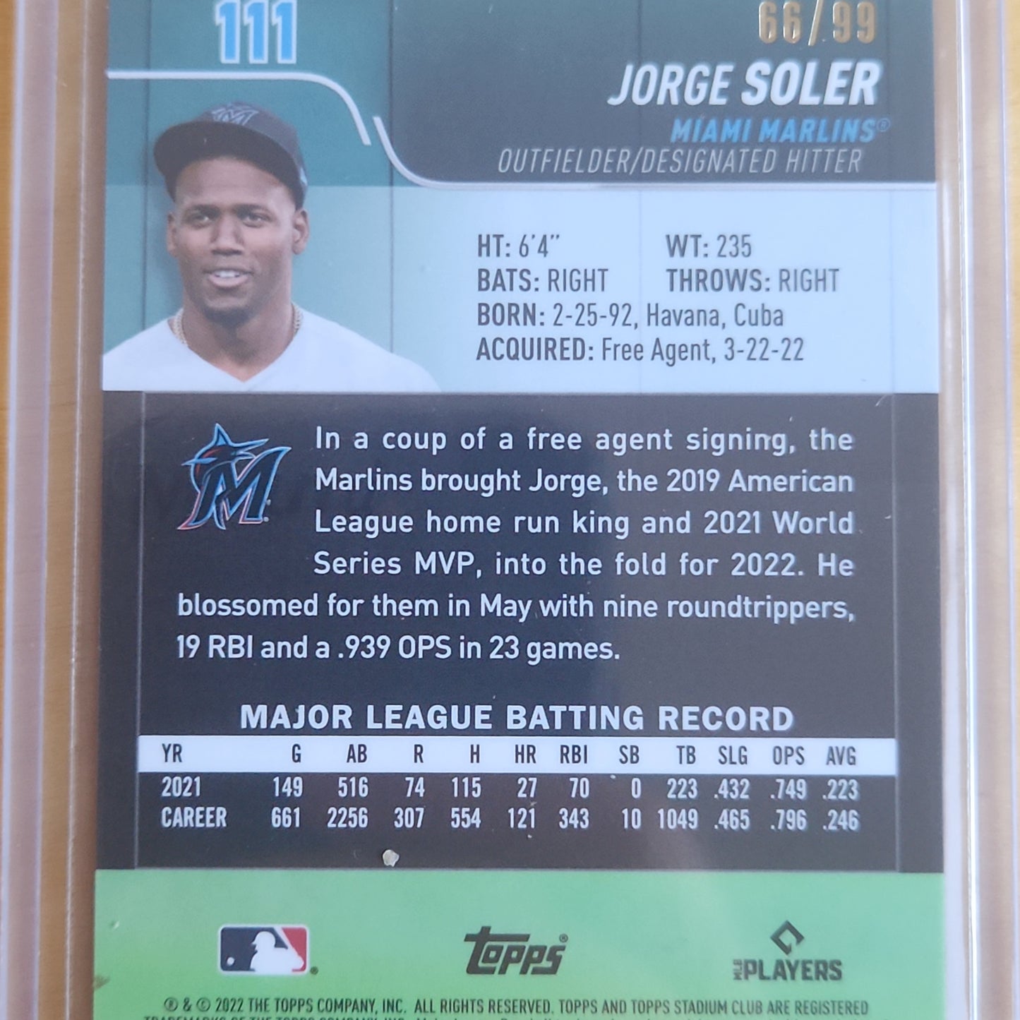 2022 Topps Stadium Club Chrome Jorge Soler 66/99 #111 Miami Marlins
