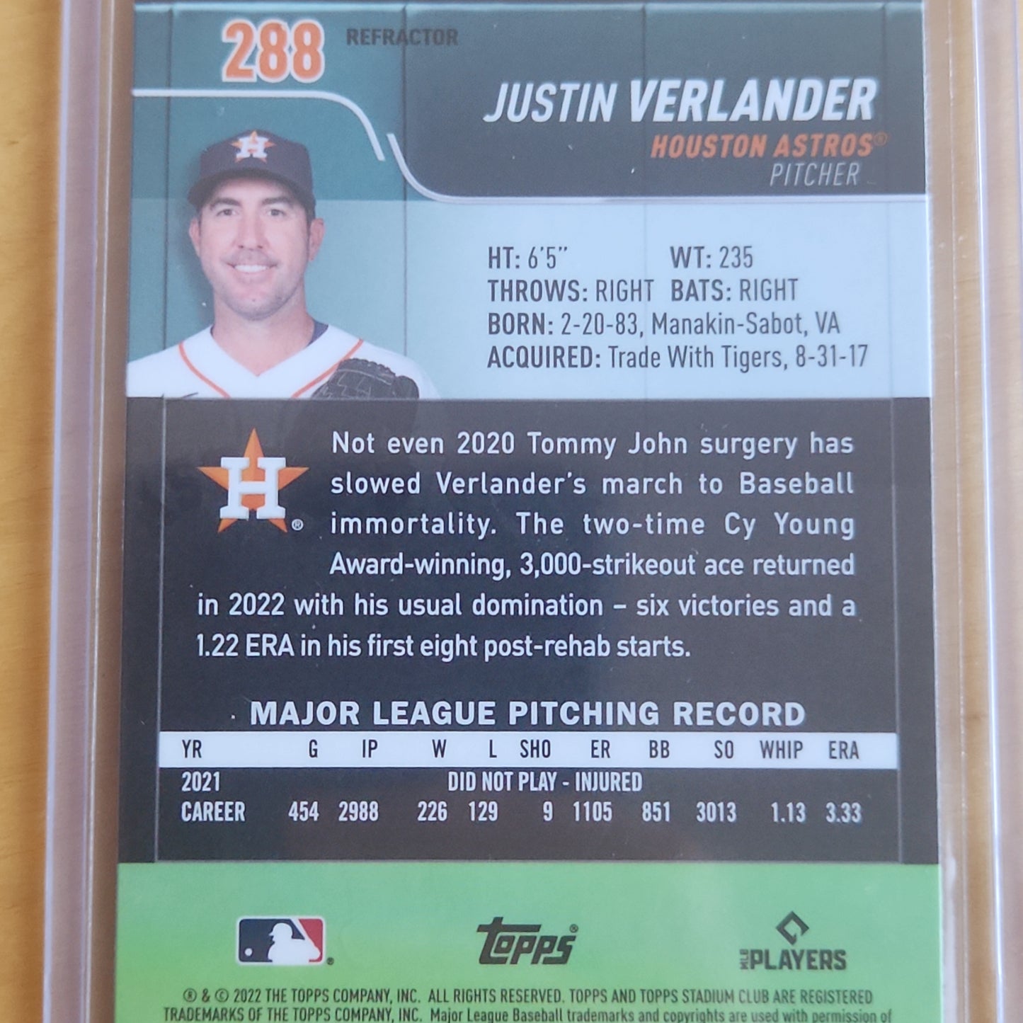 2022 Topps Stadium Club Chrome Justin Verlander Refractor #288 Houstan Astros