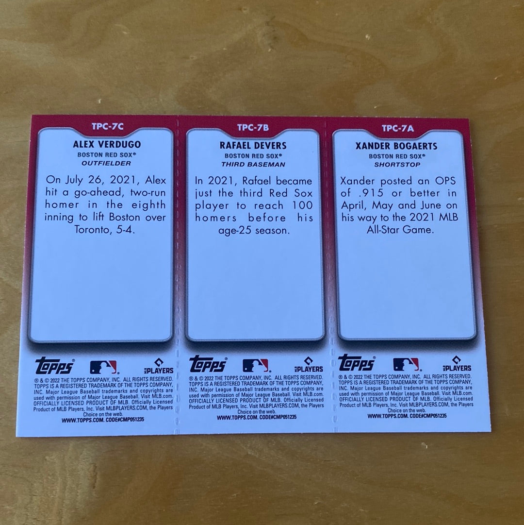Topps Triple Player Alex Verdugo, Rafael Devers, and Xander Bogaerts #TPC-7C, TPC-7B, TPC-7A